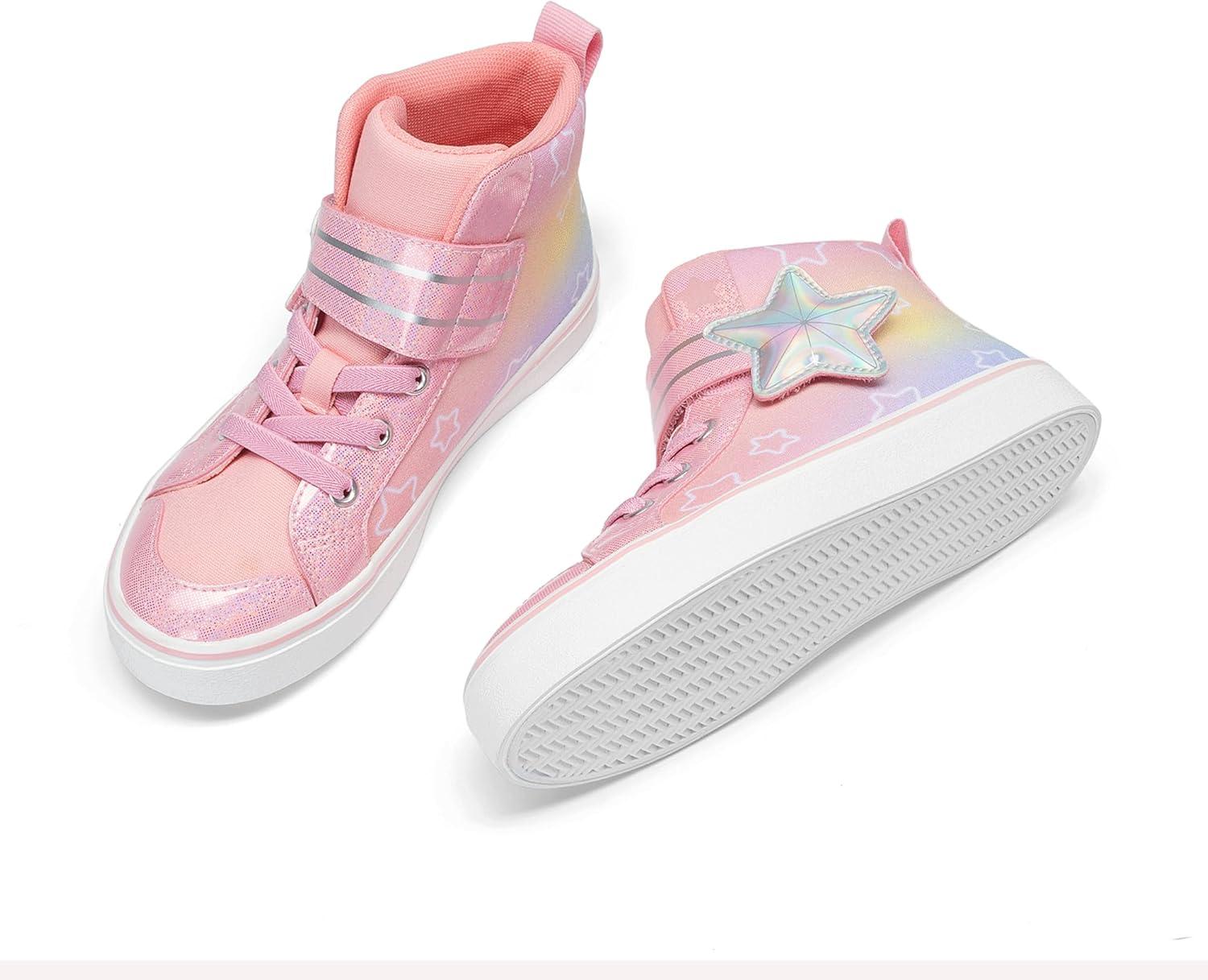 imageDREAM PAIRS Girls Sneakers High Top Hook and Loop Sparkly Shiny Comfortable Casual Walking Shoes for ToddlerLittleBig KidsRainbowPink
