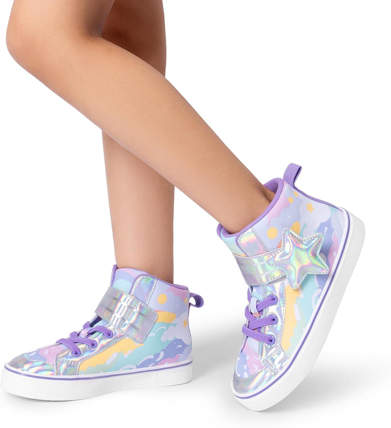imageDREAM PAIRS Girls Sneakers High Top Hook and Loop Sparkly Shiny Comfortable Casual Walking Shoes for ToddlerLittleBig KidsRainbowPurple