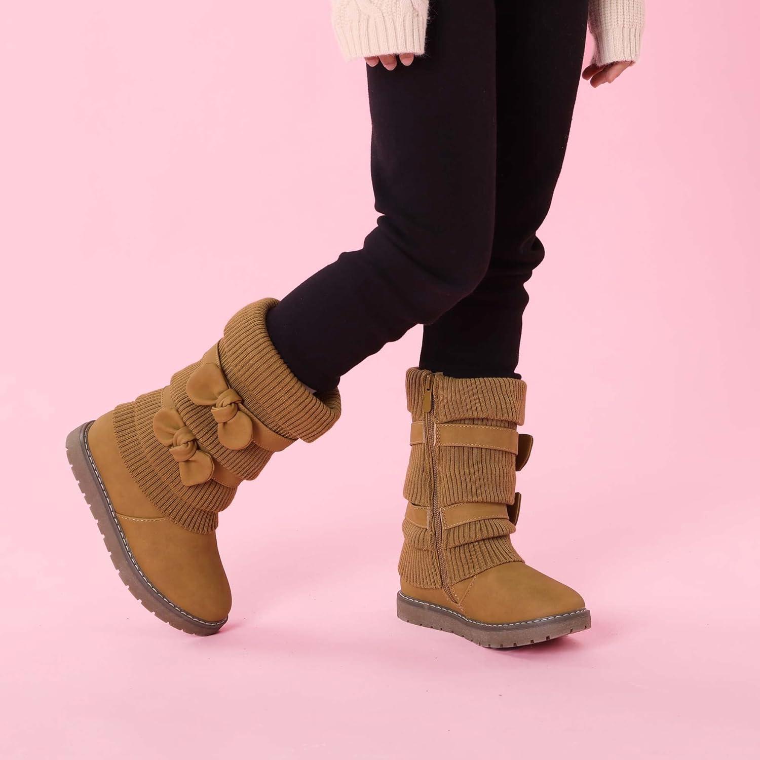 imageDREAM PAIRS Girls Winter Snow Boots Faux Fur Lined Mid Calf ShoesCamel