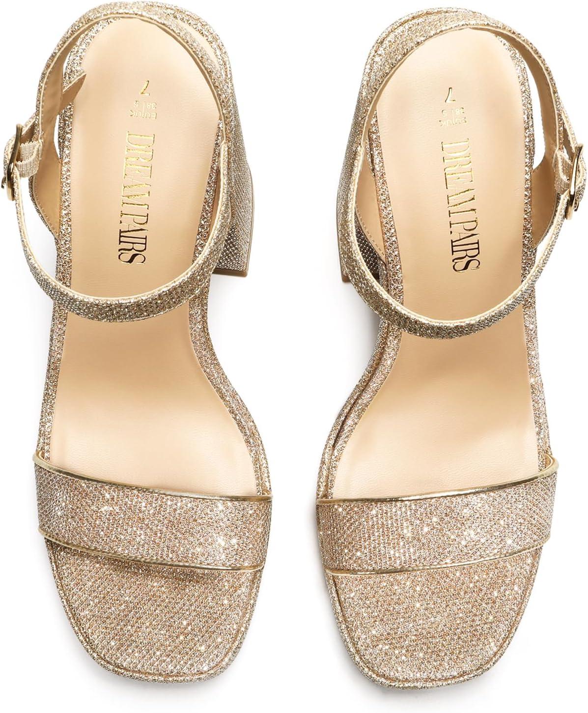 imageDREAM PAIRS Heels for Women Block Chunky Platform High Heels Open Toe GISELLE Fashion Wedding Party Evening Prom Dance Ankle Strap Dress Pump Sandals ShoesGoldglitter