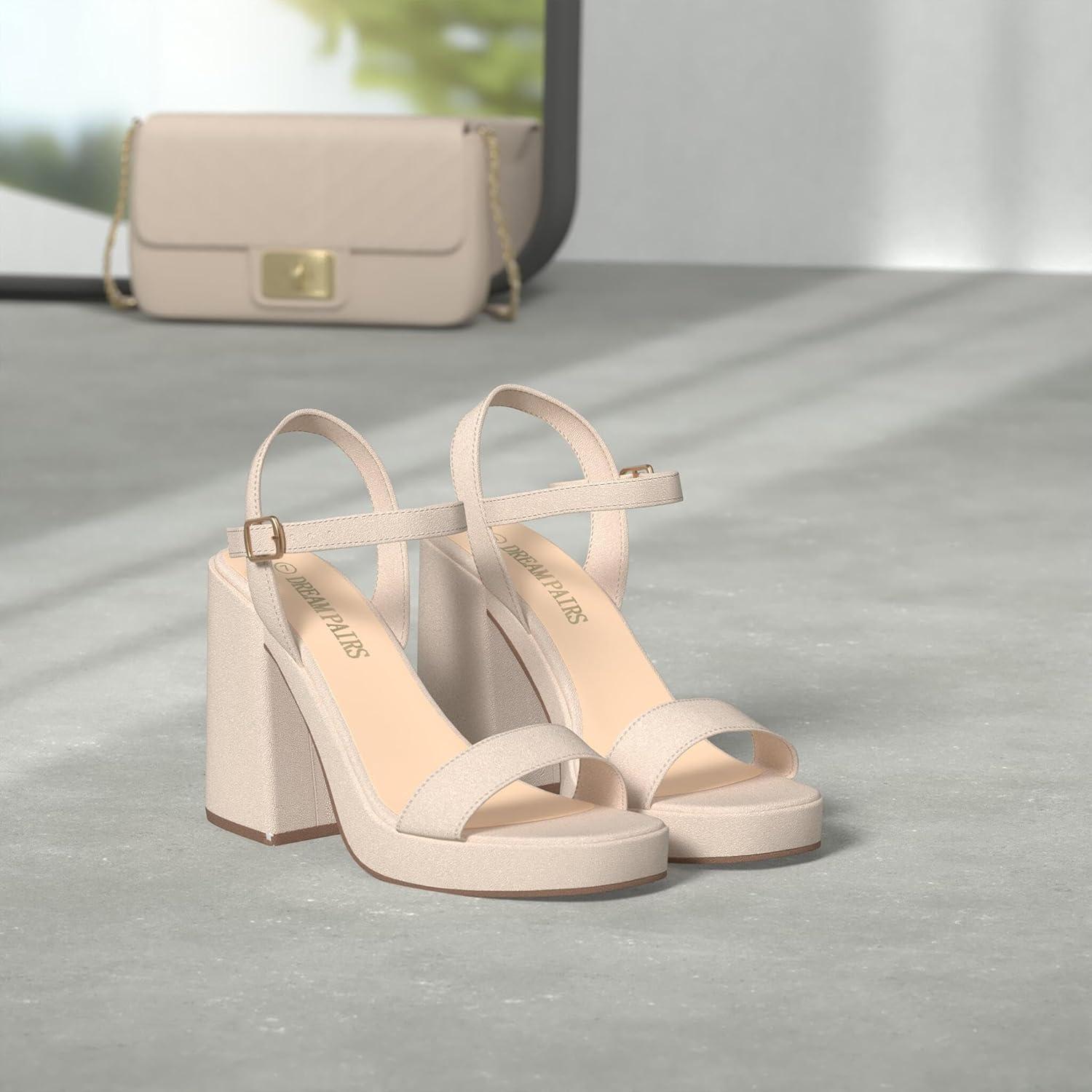 imageDREAM PAIRS Heels for Women Block Chunky Platform High Heels Open Toe GISELLE Fashion Wedding Party Evening Prom Dance Ankle Strap Dress Pump Sandals ShoesNude