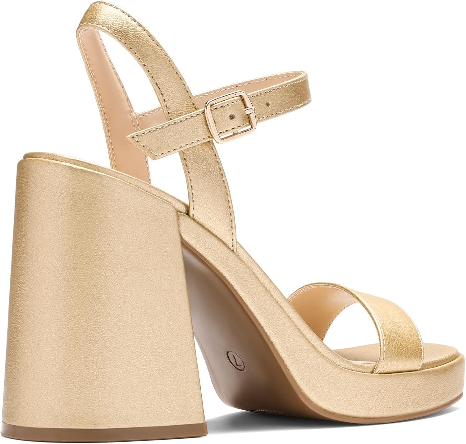 imageDREAM PAIRS Heels for Women Block Chunky Platform High Heels Open Toe GISELLE Fashion Wedding Party Evening Prom Dance Ankle Strap Dress Pump Sandals ShoesGold