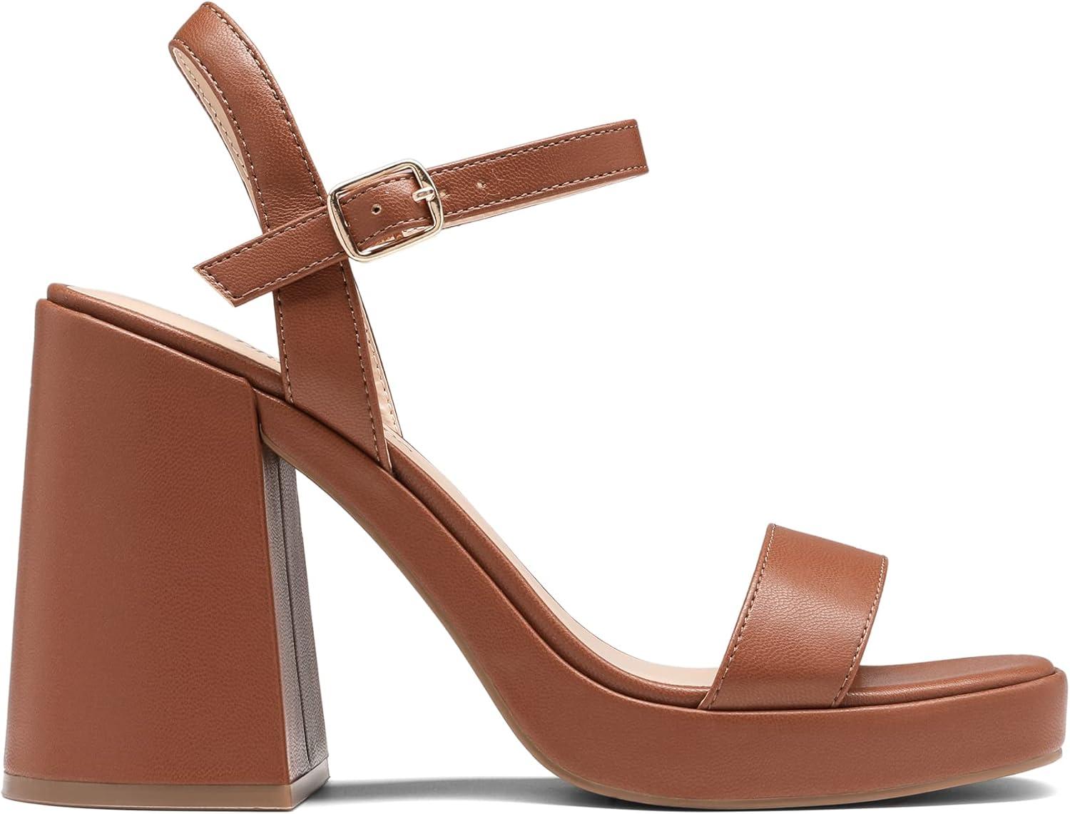 imageDREAM PAIRS Heels for Women Block Chunky Platform High Heels Open Toe GISELLE Fashion Wedding Party Evening Prom Dance Ankle Strap Dress Pump Sandals ShoesTan