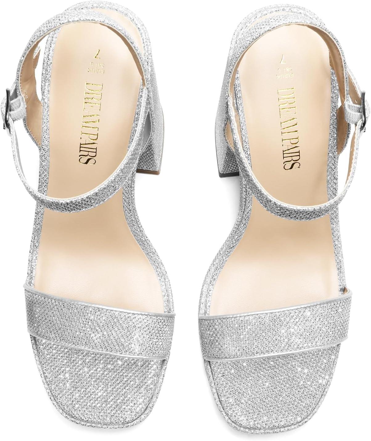 imageDREAM PAIRS Heels for Women Block Chunky Platform High Heels Open Toe GISELLE Fashion Wedding Party Evening Prom Dance Ankle Strap Dress Pump Sandals ShoesSilverglitter