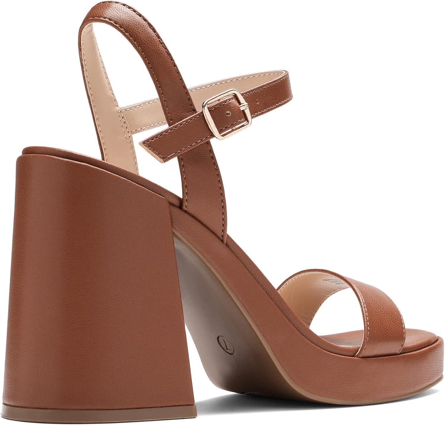 imageDREAM PAIRS Heels for Women Block Chunky Platform High Heels Open Toe GISELLE Fashion Wedding Party Evening Prom Dance Ankle Strap Dress Pump Sandals ShoesTan