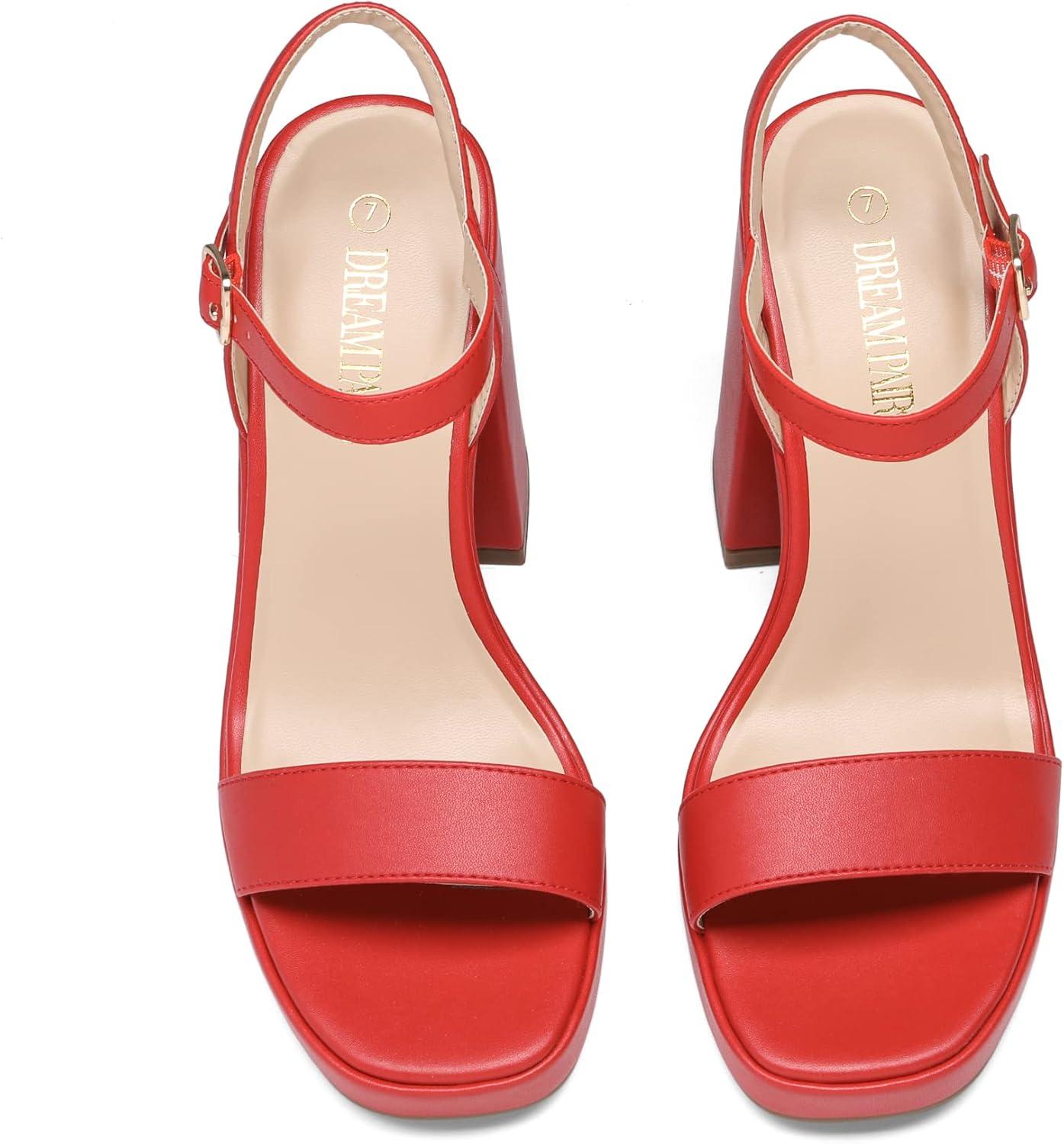 imageDREAM PAIRS Heels for Women Block Chunky Platform High Heels Open Toe GISELLE Fashion Wedding Party Evening Prom Dance Ankle Strap Dress Pump Sandals ShoesRed