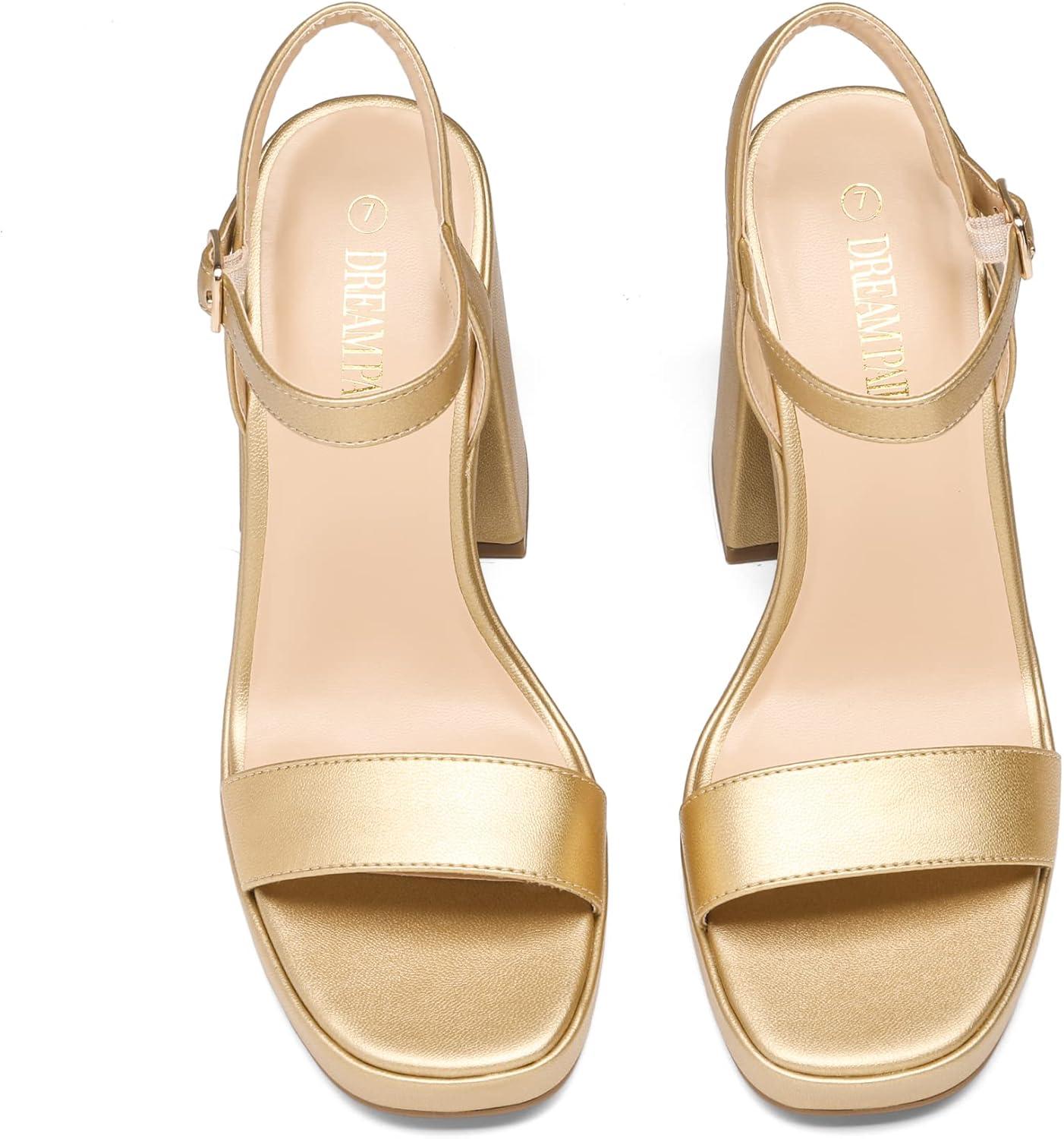 imageDREAM PAIRS Heels for Women Block Chunky Platform High Heels Open Toe GISELLE Fashion Wedding Party Evening Prom Dance Ankle Strap Dress Pump Sandals ShoesGold