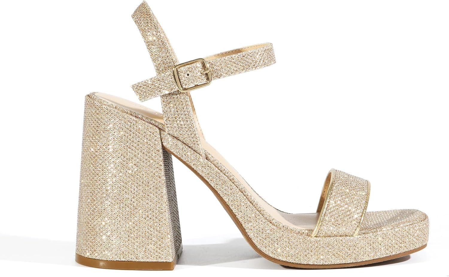 imageDREAM PAIRS Heels for Women Block Chunky Platform High Heels Open Toe GISELLE Fashion Wedding Party Evening Prom Dance Ankle Strap Dress Pump Sandals ShoesGoldglitter