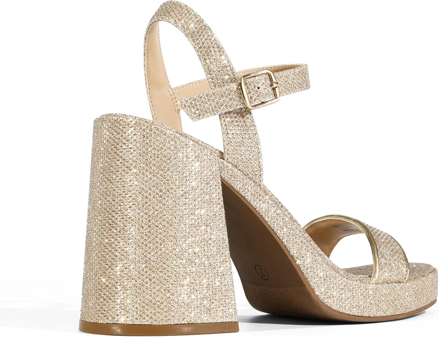 imageDREAM PAIRS Heels for Women Block Chunky Platform High Heels Open Toe GISELLE Fashion Wedding Party Evening Prom Dance Ankle Strap Dress Pump Sandals ShoesGoldglitter