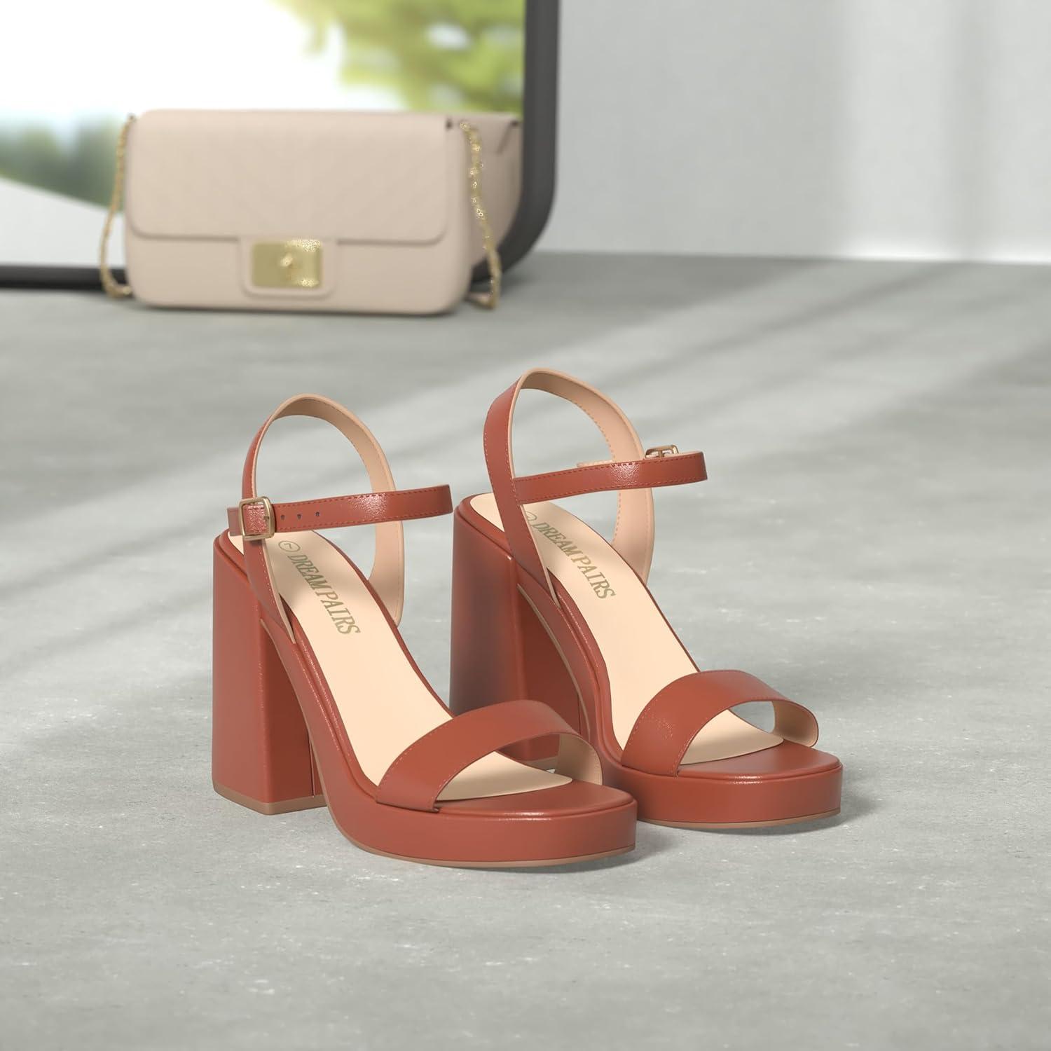 imageDREAM PAIRS Heels for Women Block Chunky Platform High Heels Open Toe GISELLE Fashion Wedding Party Evening Prom Dance Ankle Strap Dress Pump Sandals ShoesTan