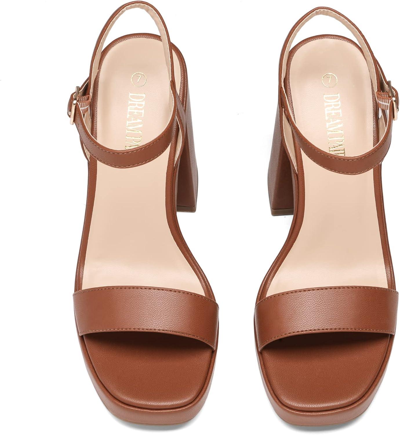 imageDREAM PAIRS Heels for Women Block Chunky Platform High Heels Open Toe GISELLE Fashion Wedding Party Evening Prom Dance Ankle Strap Dress Pump Sandals ShoesTan