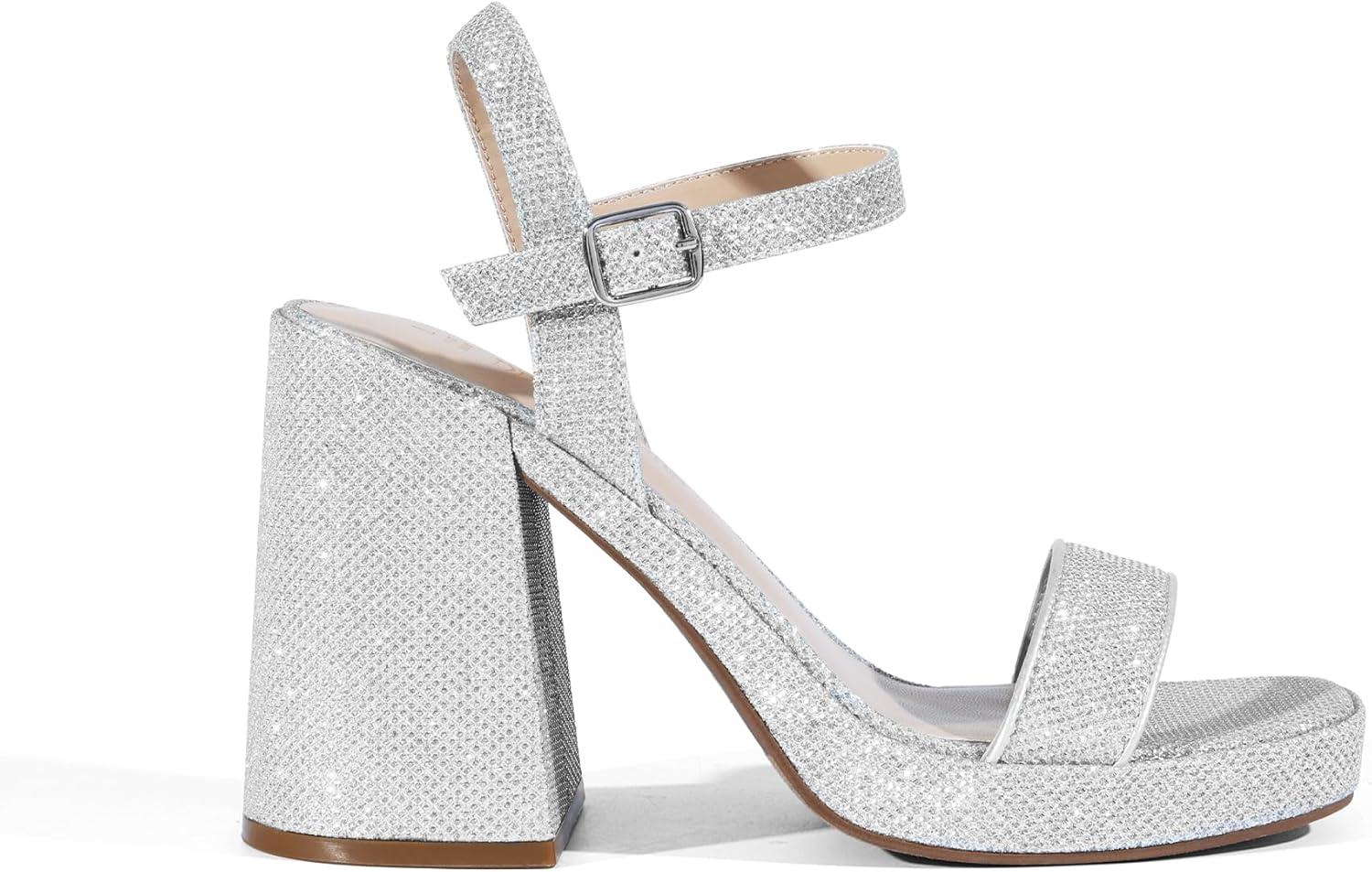 imageDREAM PAIRS Heels for Women Block Chunky Platform High Heels Open Toe GISELLE Fashion Wedding Party Evening Prom Dance Ankle Strap Dress Pump Sandals ShoesSilverglitter
