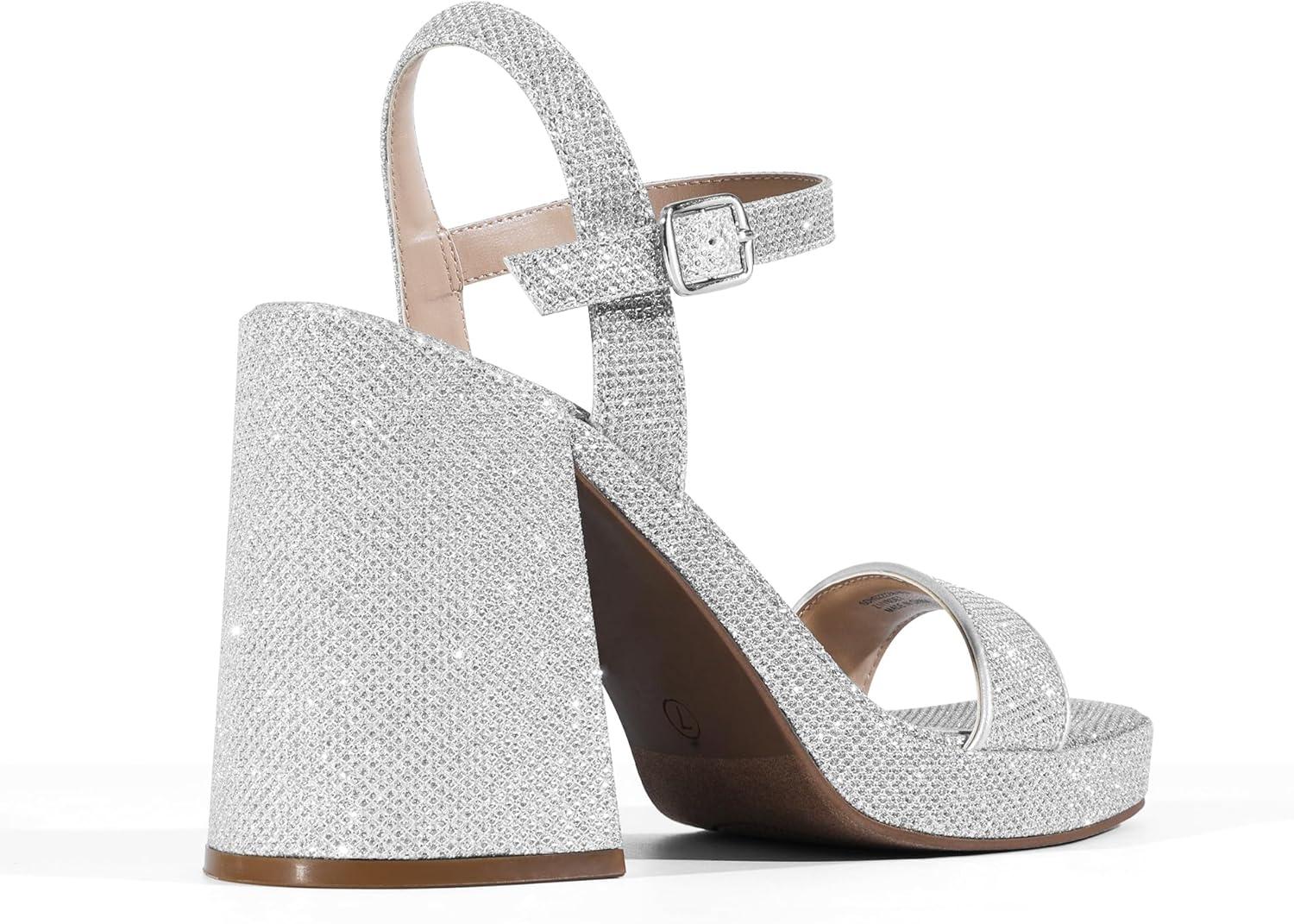 imageDREAM PAIRS Heels for Women Block Chunky Platform High Heels Open Toe GISELLE Fashion Wedding Party Evening Prom Dance Ankle Strap Dress Pump Sandals ShoesSilverglitter