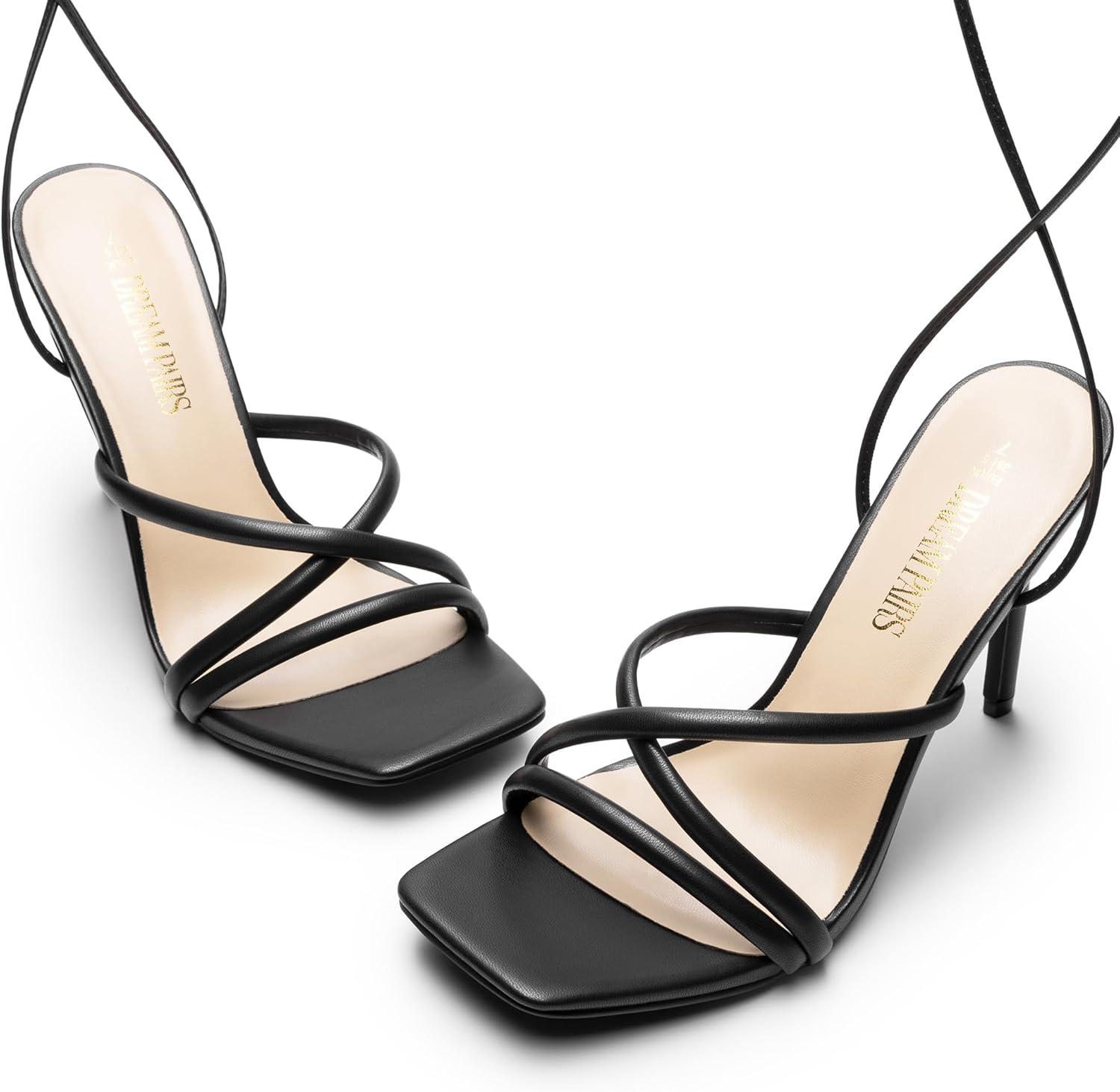 imageDREAM PAIRS Heels for Women Strappy High Stiletto Lace Up Heeled Sandals Square Open Toe Heels for Prom Party DatingBlackpu