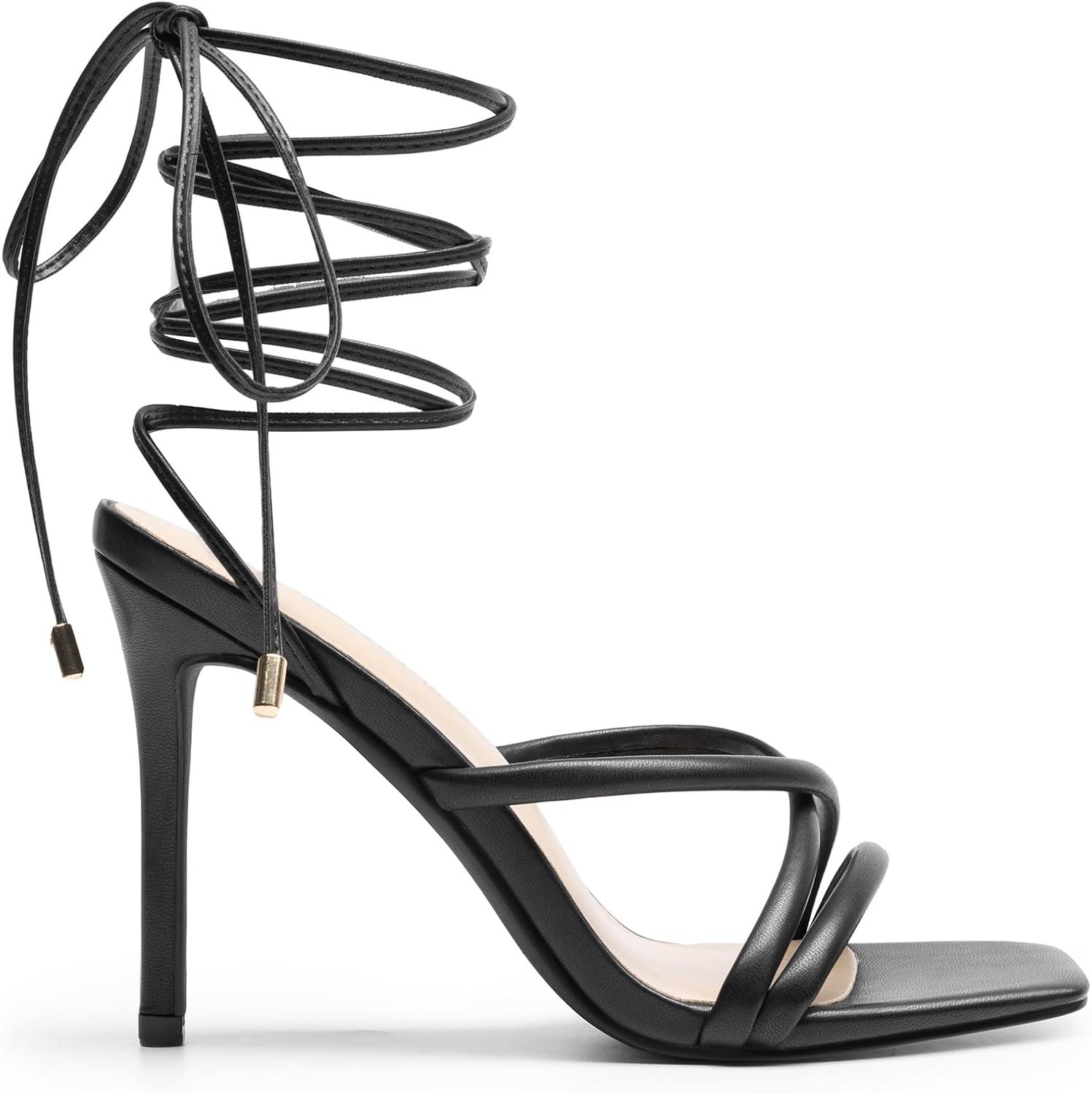 imageDREAM PAIRS Heels for Women Strappy High Stiletto Lace Up Heeled Sandals Square Open Toe Heels for Prom Party DatingBlackpu