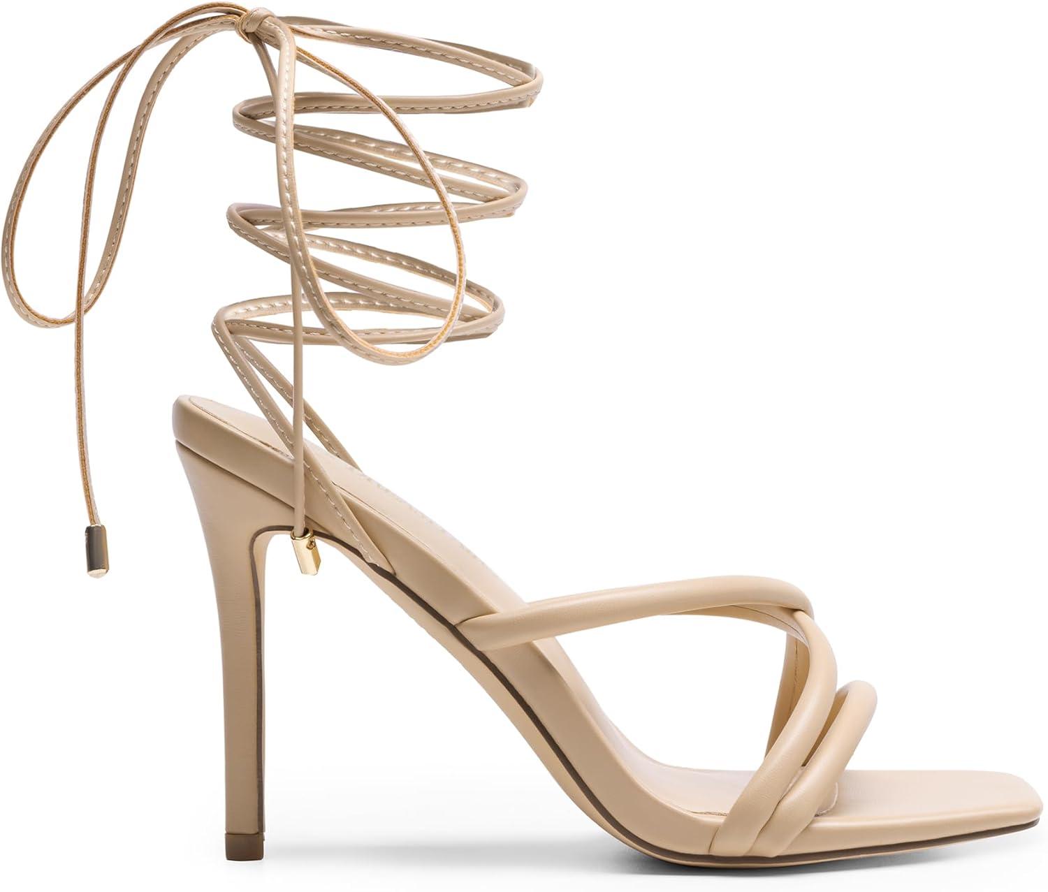 imageDREAM PAIRS Heels for Women Strappy High Stiletto Lace Up Heeled Sandals Square Open Toe Heels for Prom Party DatingNudepu