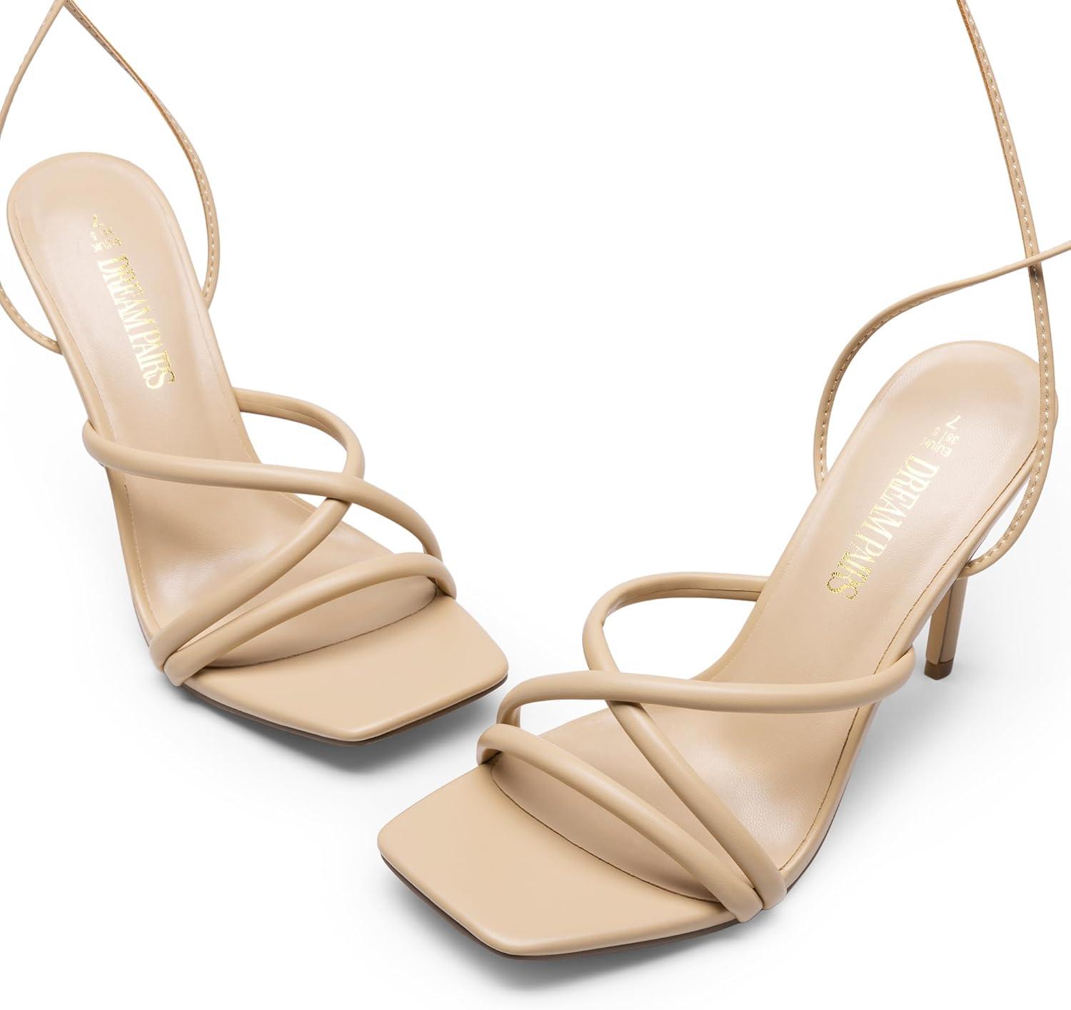 imageDREAM PAIRS Heels for Women Strappy High Stiletto Lace Up Heeled Sandals Square Open Toe Heels for Prom Party DatingNudepu