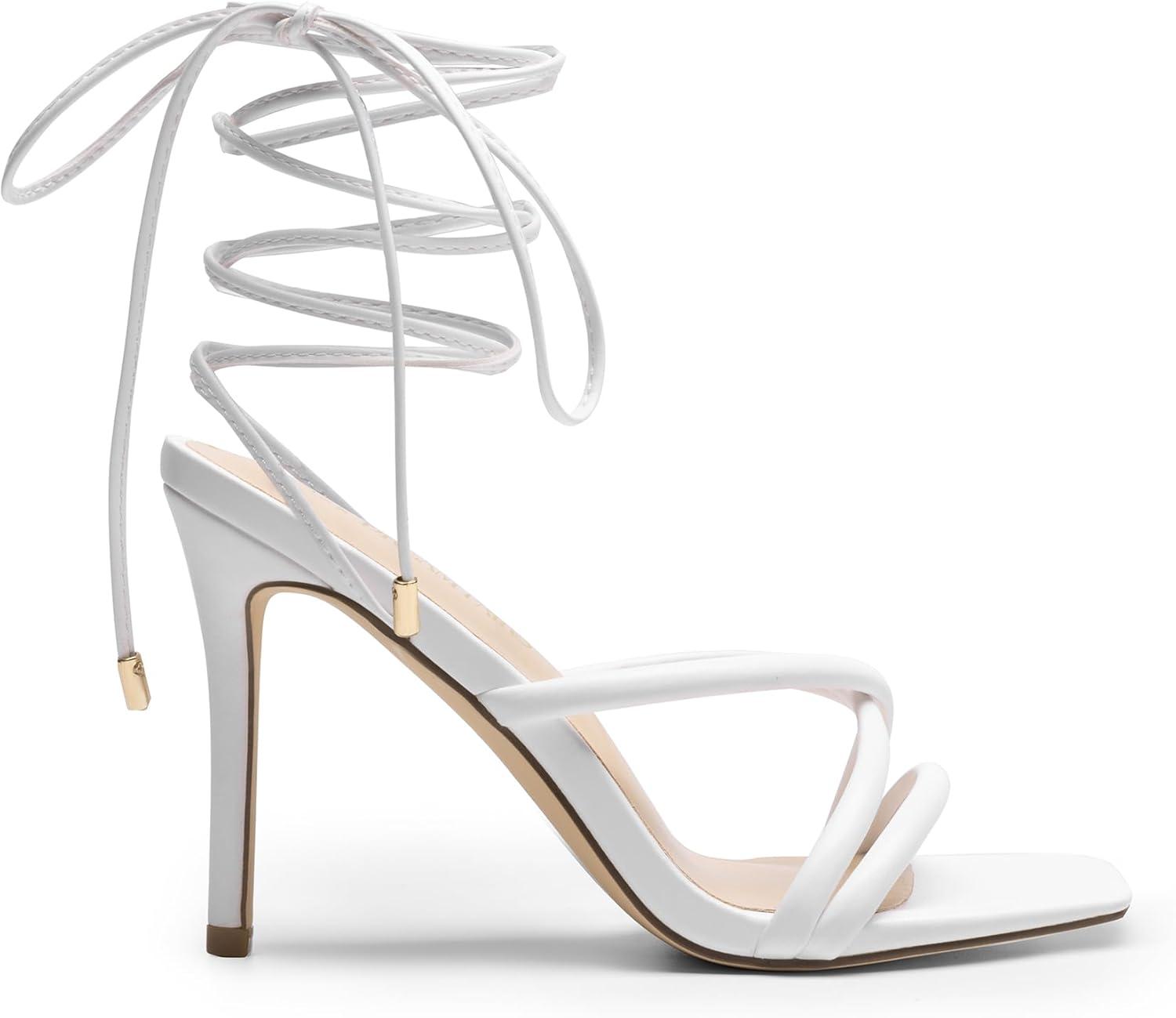 imageDREAM PAIRS Heels for Women Strappy High Stiletto Lace Up Heeled Sandals Square Open Toe Heels for Prom Party DatingWhitepu