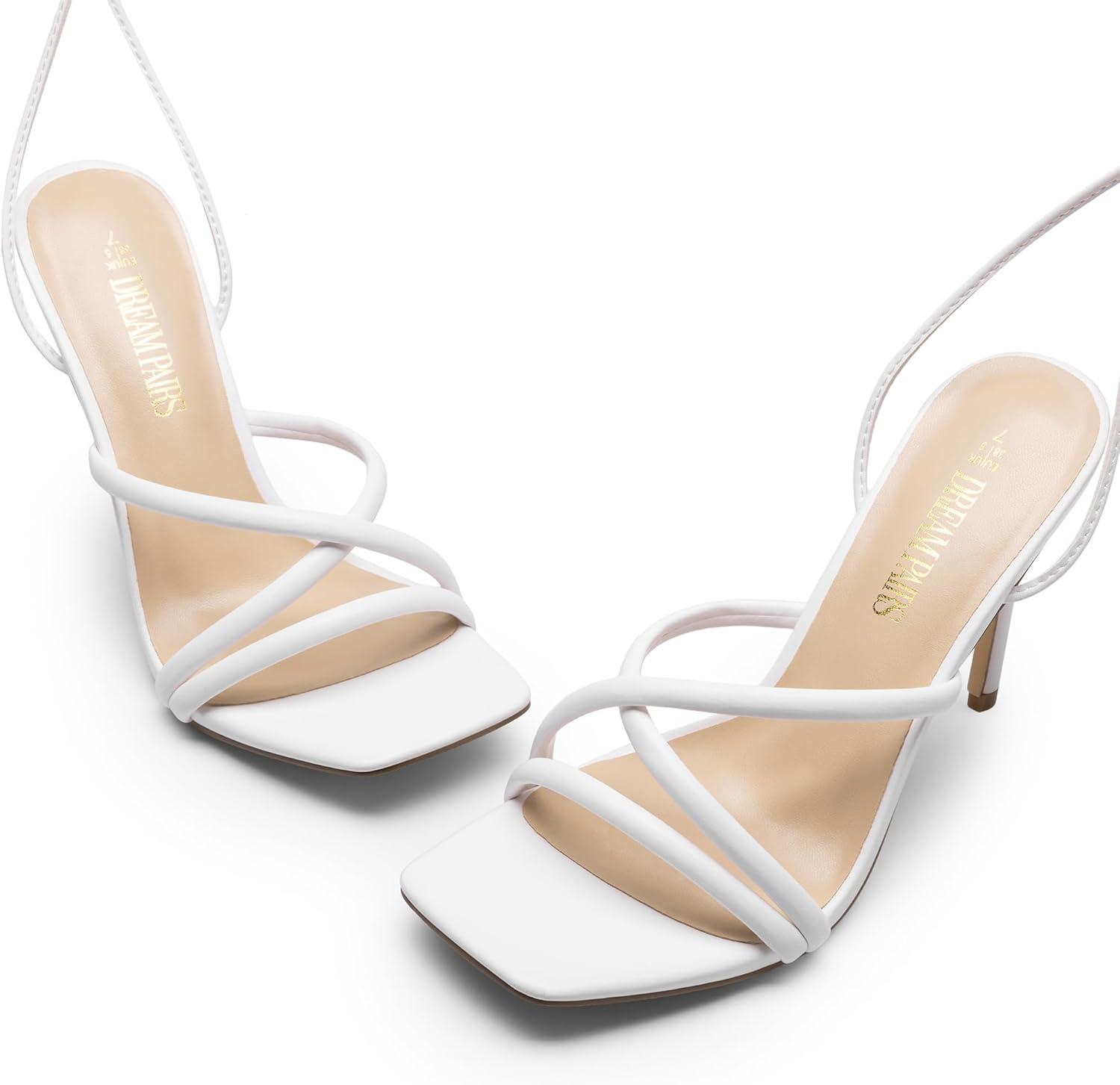 imageDREAM PAIRS Heels for Women Strappy High Stiletto Lace Up Heeled Sandals Square Open Toe Heels for Prom Party DatingWhitepu
