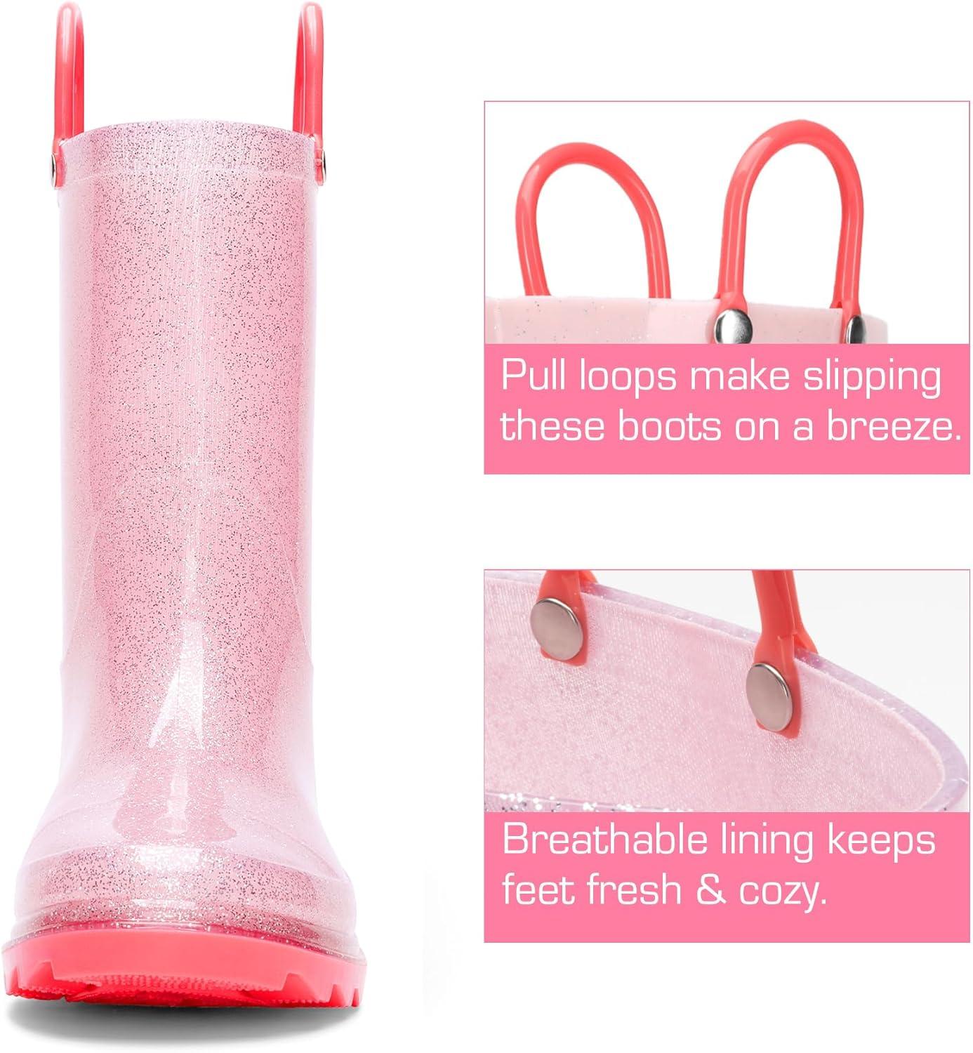 imageDREAM PAIRS Kids Rain Boots Glitter Boys Girls with Easyon Handles Sparkly Waterproof Boots Outdoor Playing Rain Boots UnisexChildPink