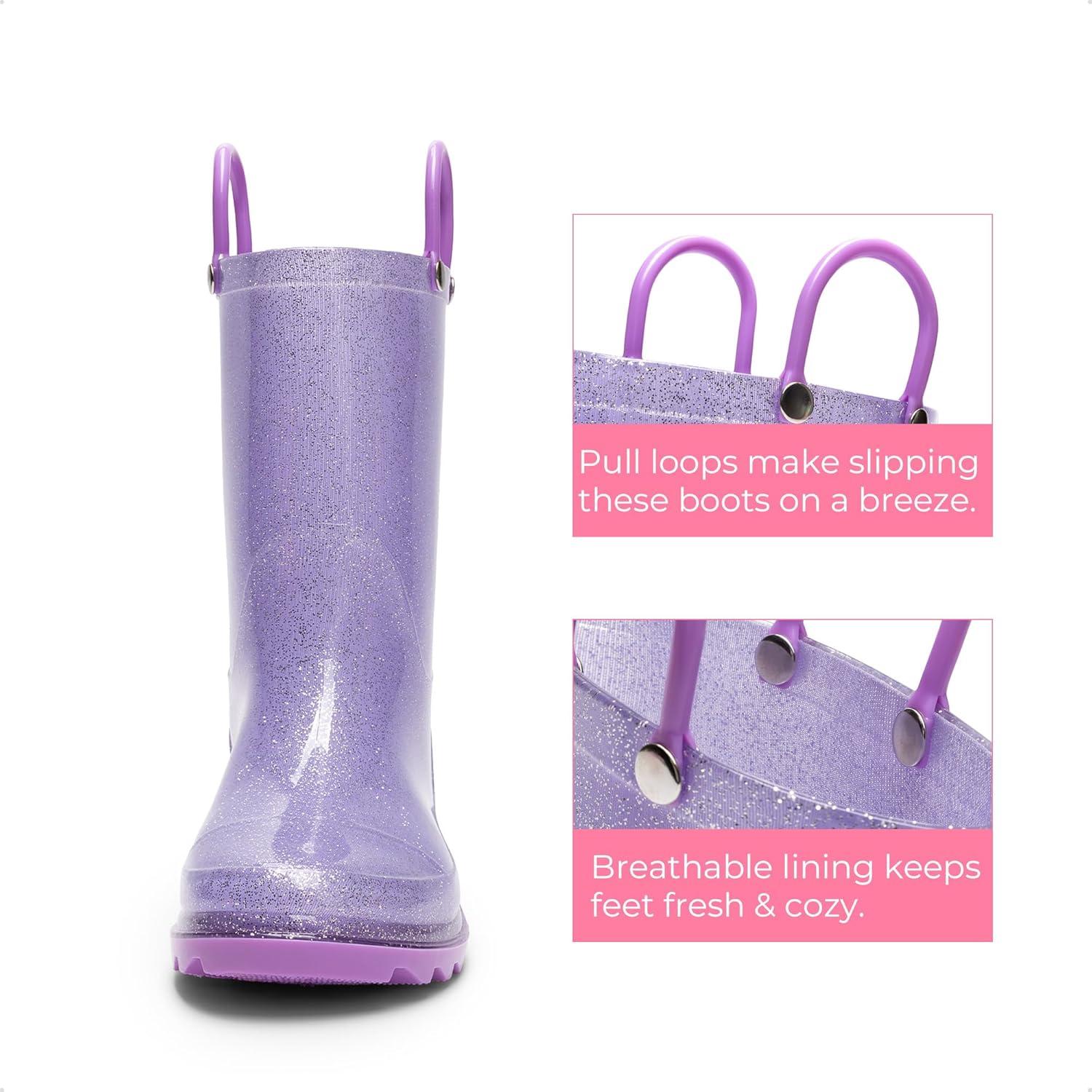 imageDREAM PAIRS Kids Rain Boots Glitter Boys Girls with Easyon Handles Sparkly Waterproof Boots Outdoor Playing Rain Boots UnisexChildPurple
