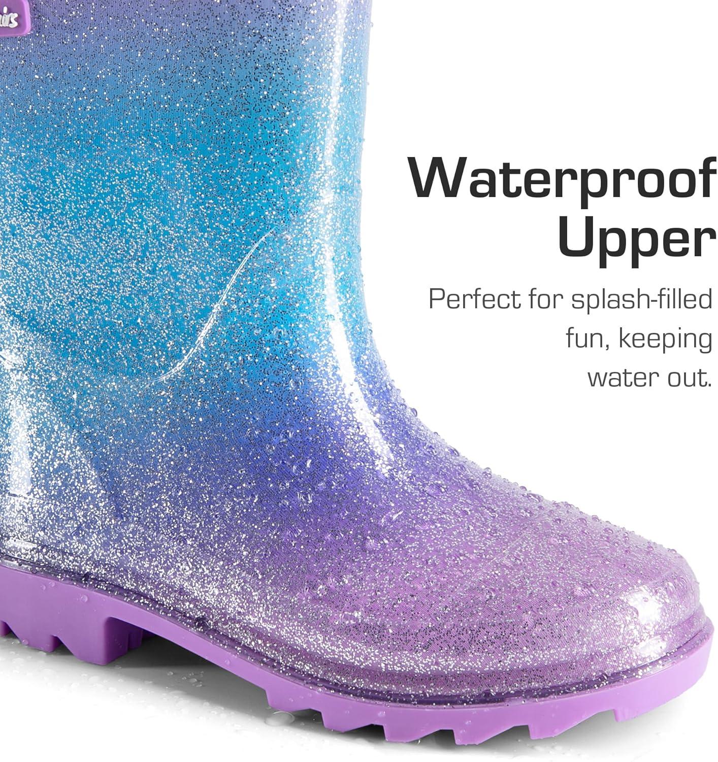 imageDREAM PAIRS Kids Rain Boots Glitter Boys Girls with Easyon Handles Sparkly Waterproof Boots Outdoor Playing Rain Boots UnisexChildPurplePinkBlue