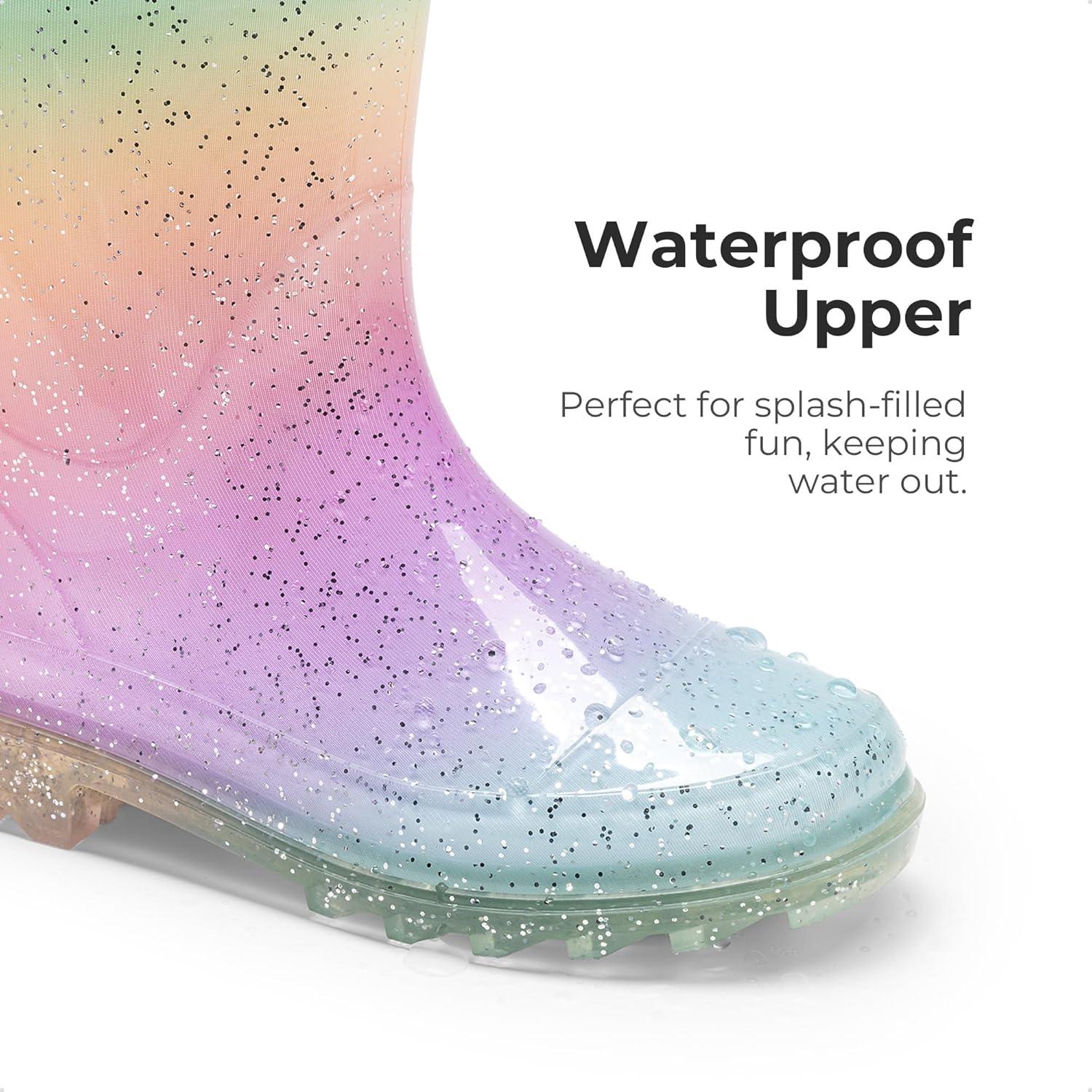 imageDREAM PAIRS Kids Rain Boots Glitter Boys Girls with Easyon Handles Sparkly Waterproof Boots Outdoor Playing Rain Boots UnisexChildRainbow