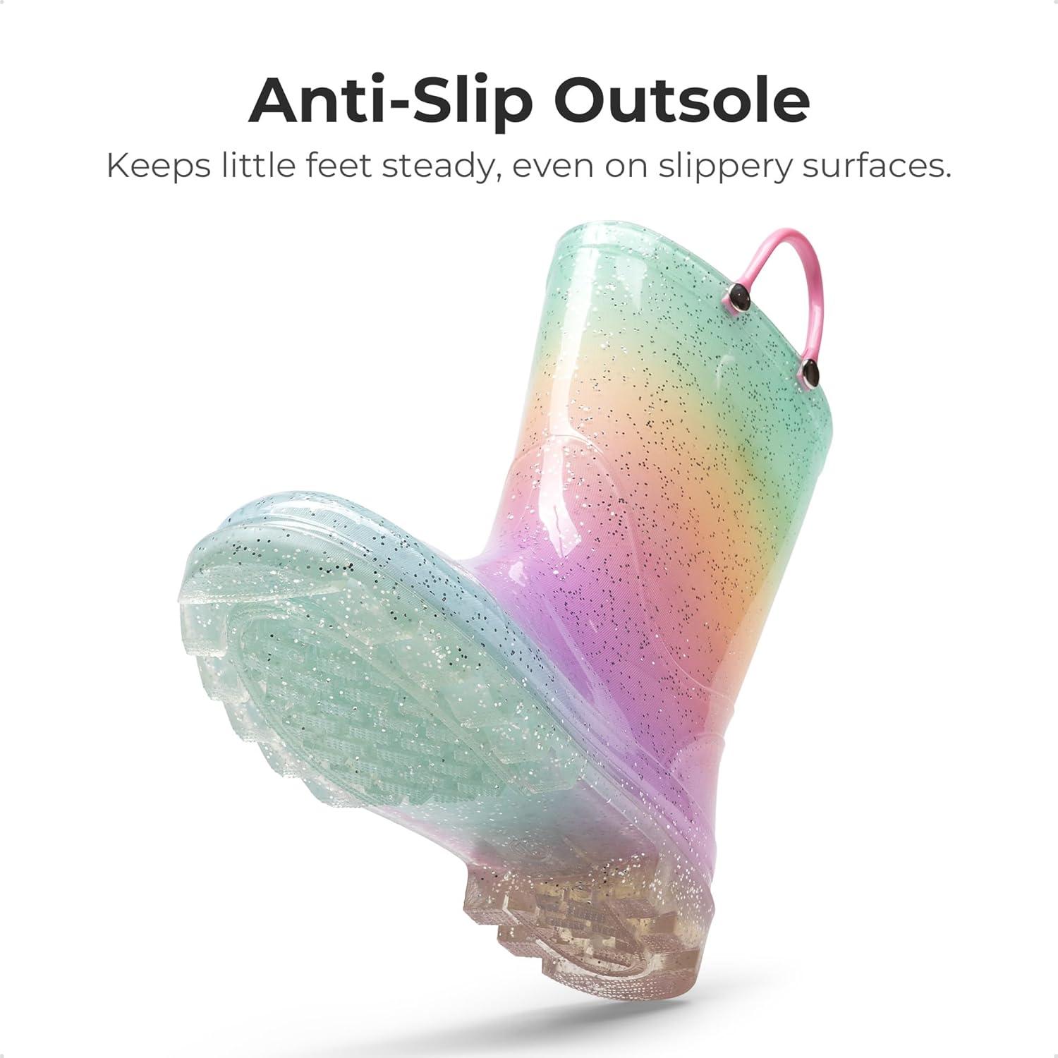 imageDREAM PAIRS Kids Rain Boots Glitter Boys Girls with Easyon Handles Sparkly Waterproof Boots Outdoor Playing Rain Boots UnisexChildRainbow