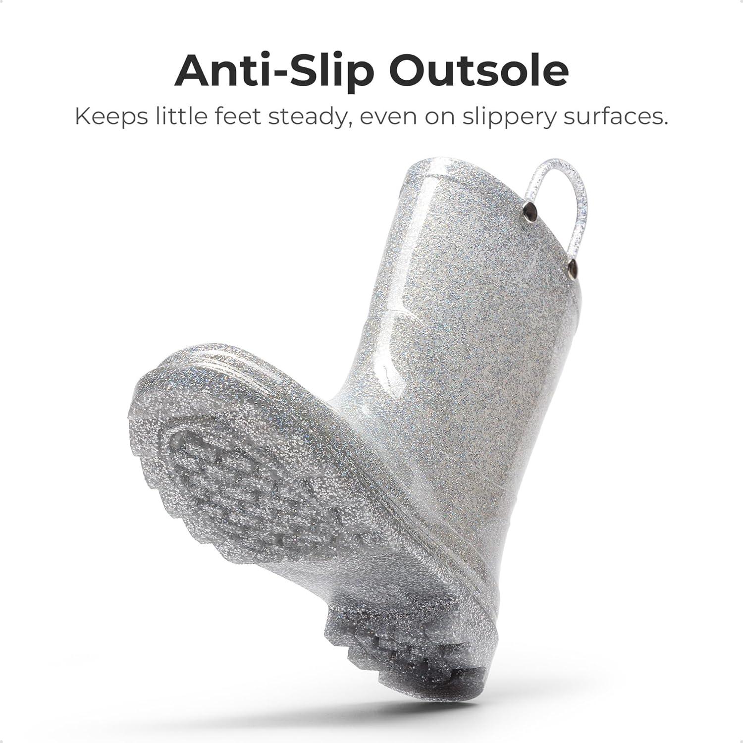 imageDREAM PAIRS Kids Rain Boots Glitter Boys Girls with Easyon Handles Sparkly Waterproof Boots Outdoor Playing Rain Boots UnisexChildSilver