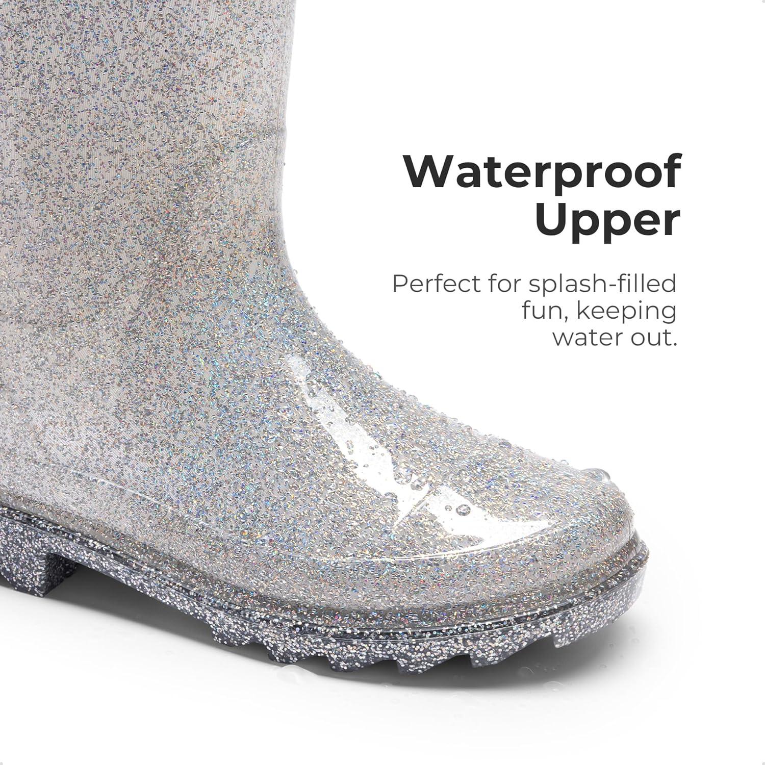 imageDREAM PAIRS Kids Rain Boots Glitter Boys Girls with Easyon Handles Sparkly Waterproof Boots Outdoor Playing Rain Boots UnisexChildSilver
