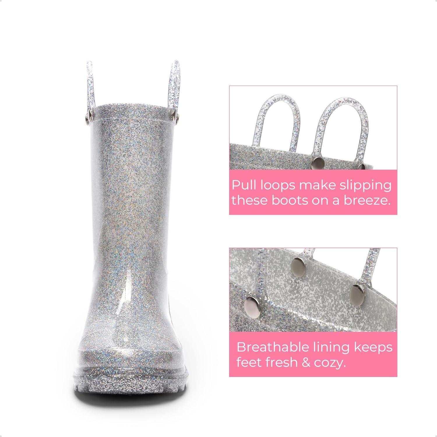 imageDREAM PAIRS Kids Rain Boots Glitter Boys Girls with Easyon Handles Sparkly Waterproof Boots Outdoor Playing Rain Boots UnisexChildSilver