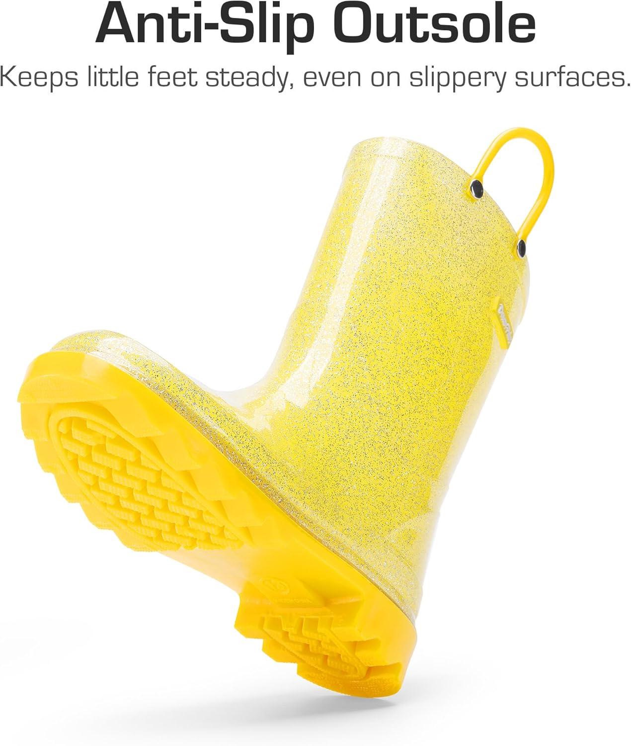 imageDREAM PAIRS Kids Rain Boots Glitter Boys Girls with Easyon Handles Sparkly Waterproof Boots Outdoor Playing Rain Boots UnisexChildYellow