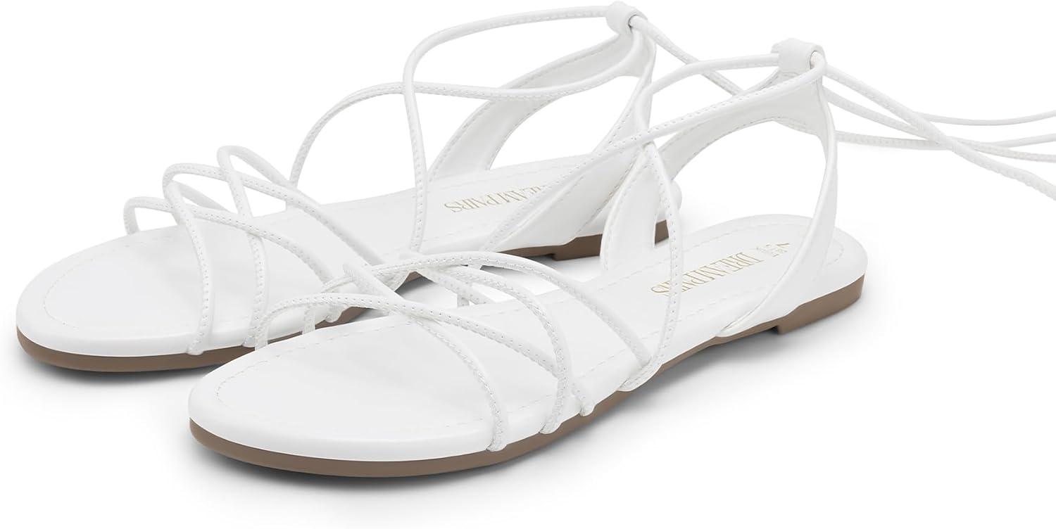 imageDREAM PAIRS Laceup Gladiator Sandals Strappy Dressy Summer Flat Sandals for WomenWhite