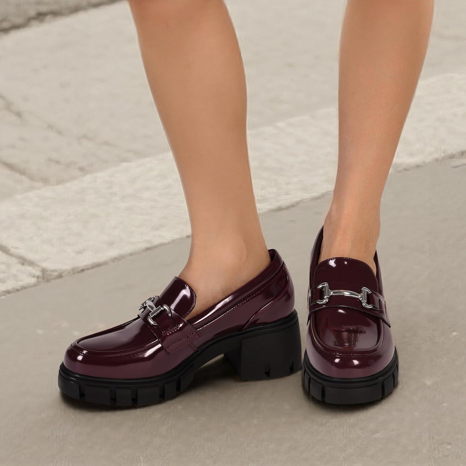 imageDREAM PAIRS Loafers for Women Platform Chunky Loafers Slip On Casual ShoesBurgundypat