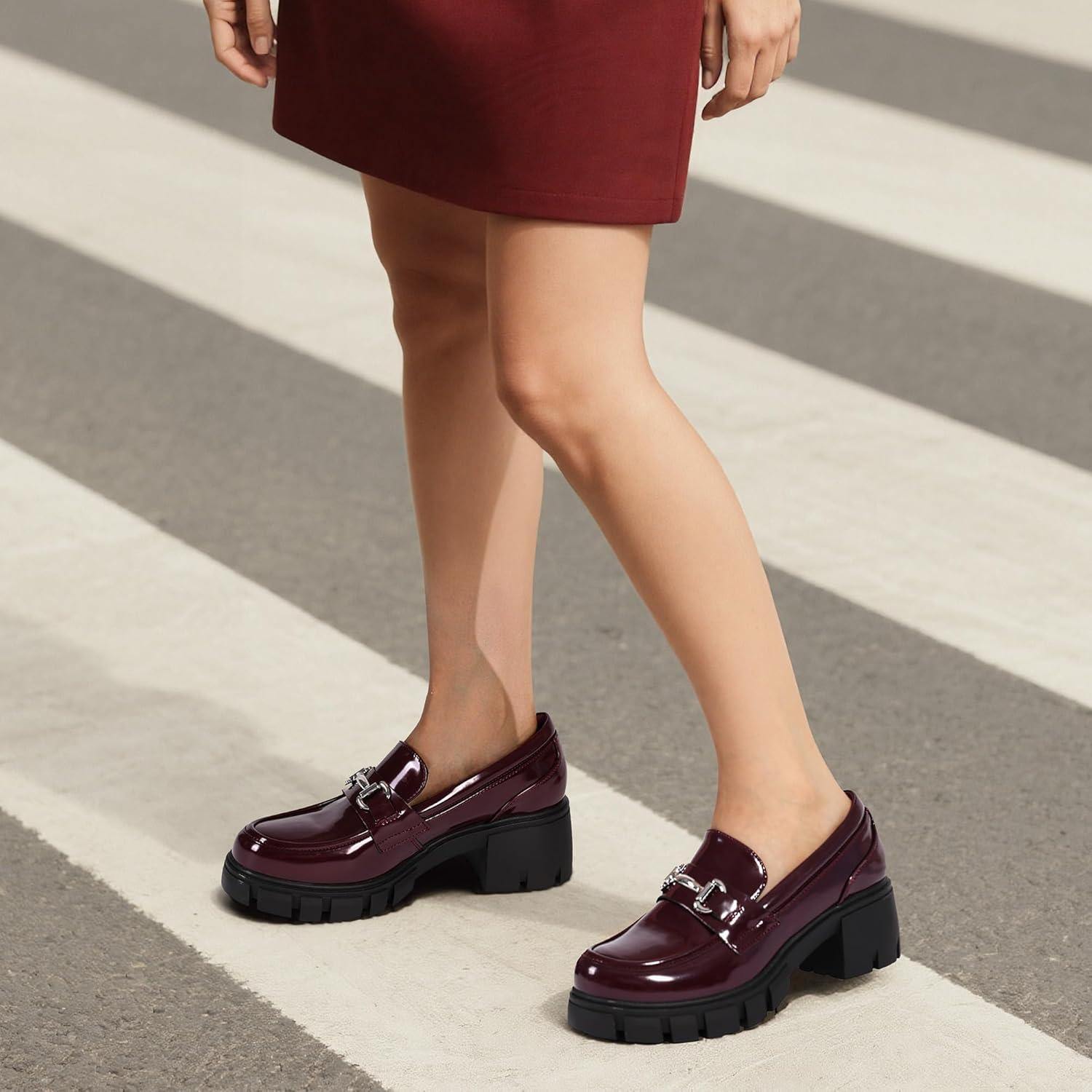 imageDREAM PAIRS Loafers for Women Platform Chunky Loafers Slip On Casual ShoesBurgundypat