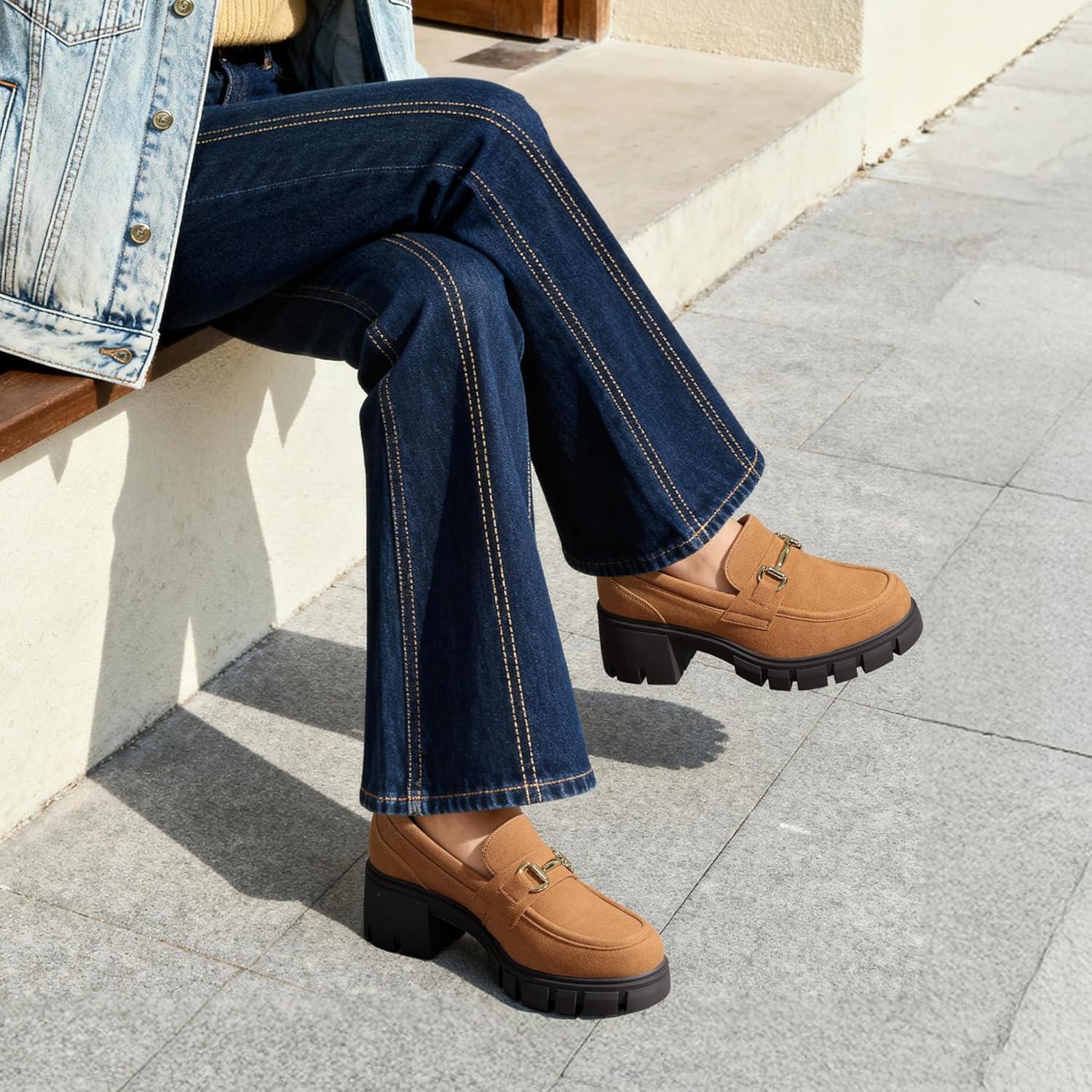 imageDREAM PAIRS Loafers for Women Platform Chunky Loafers Slip On Casual ShoesLight Brown