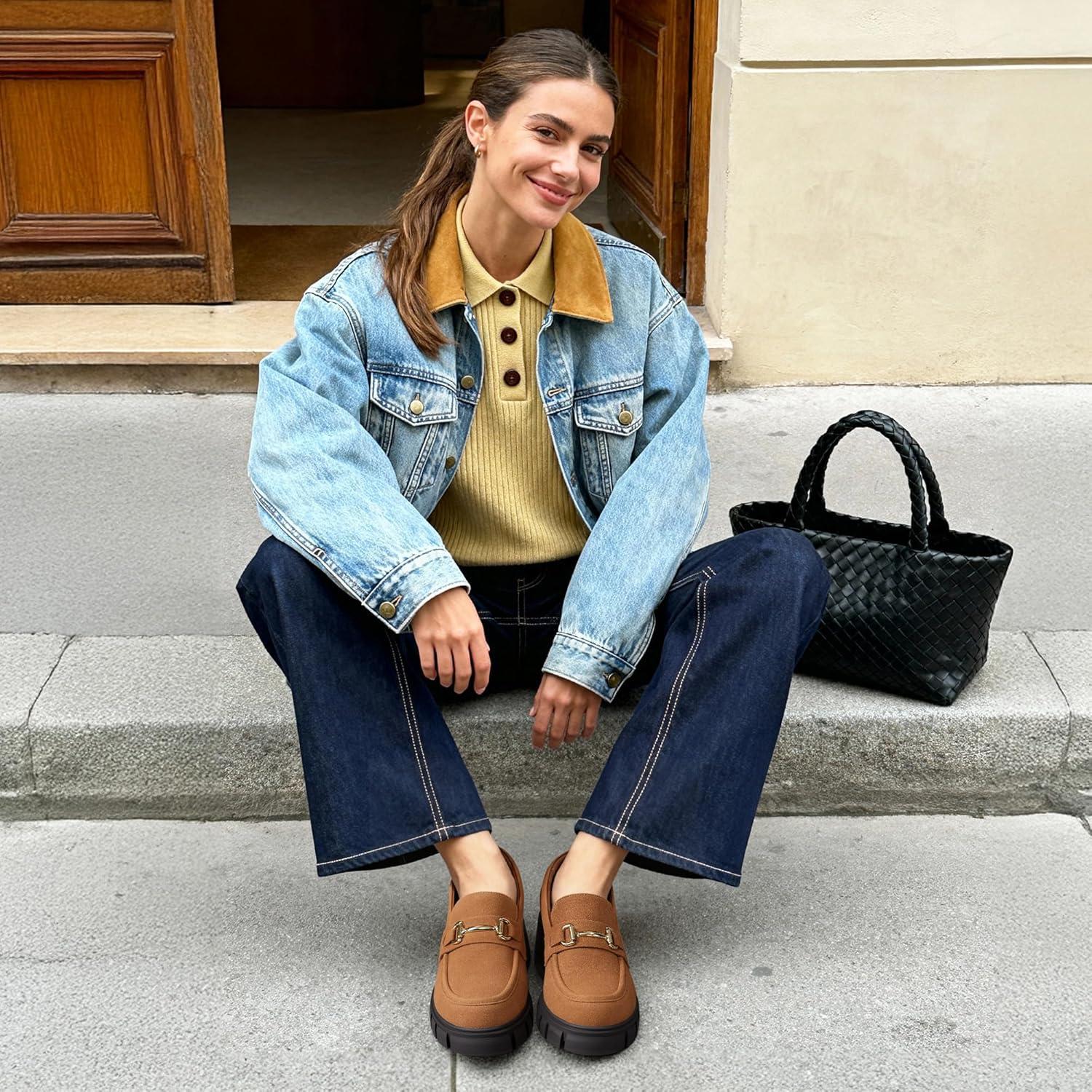 imageDREAM PAIRS Loafers for Women Platform Chunky Loafers Slip On Casual ShoesLight Brown