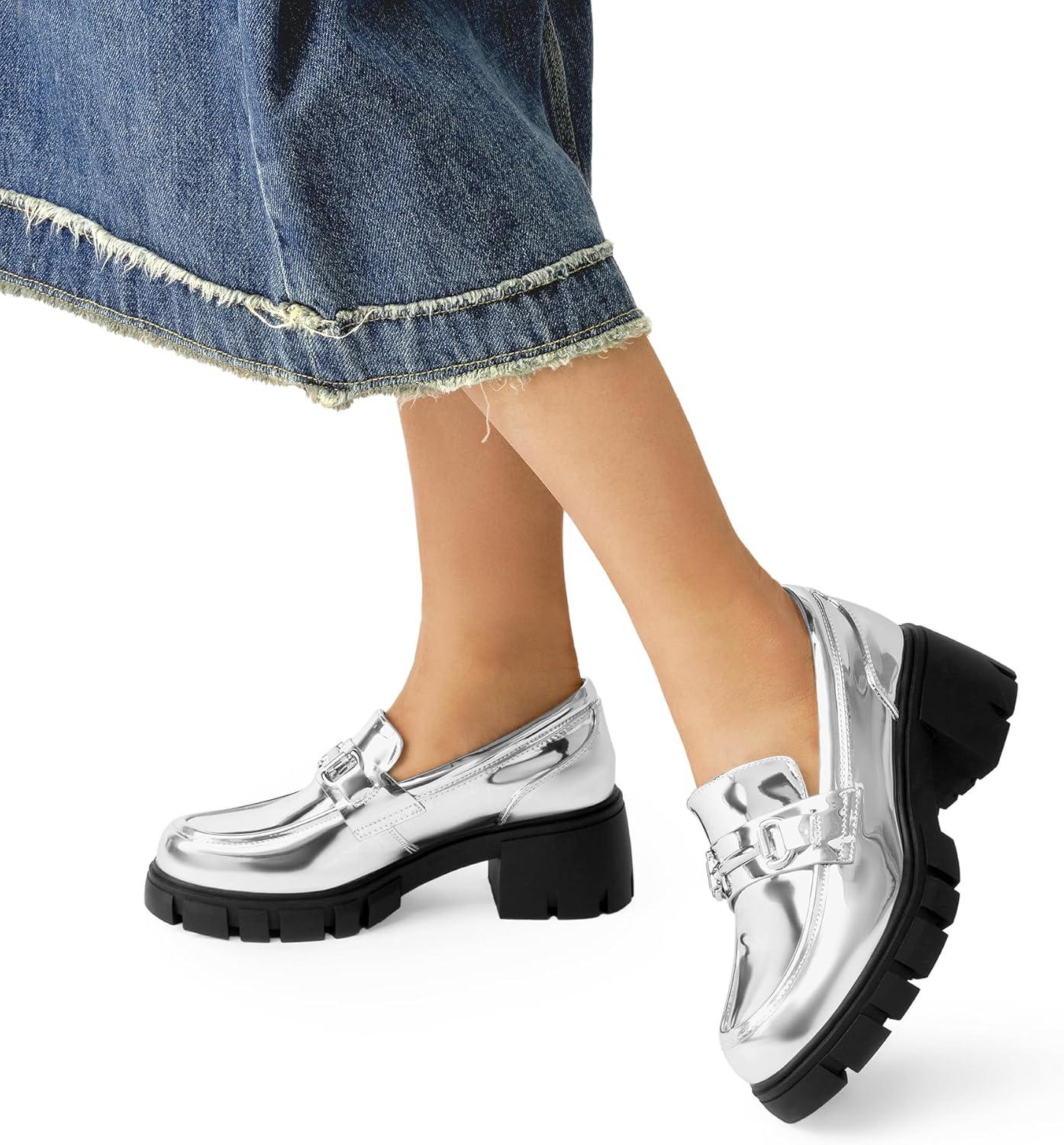 imageDREAM PAIRS Loafers for Women Platform Chunky Loafers Slip On Casual ShoesSilverpat