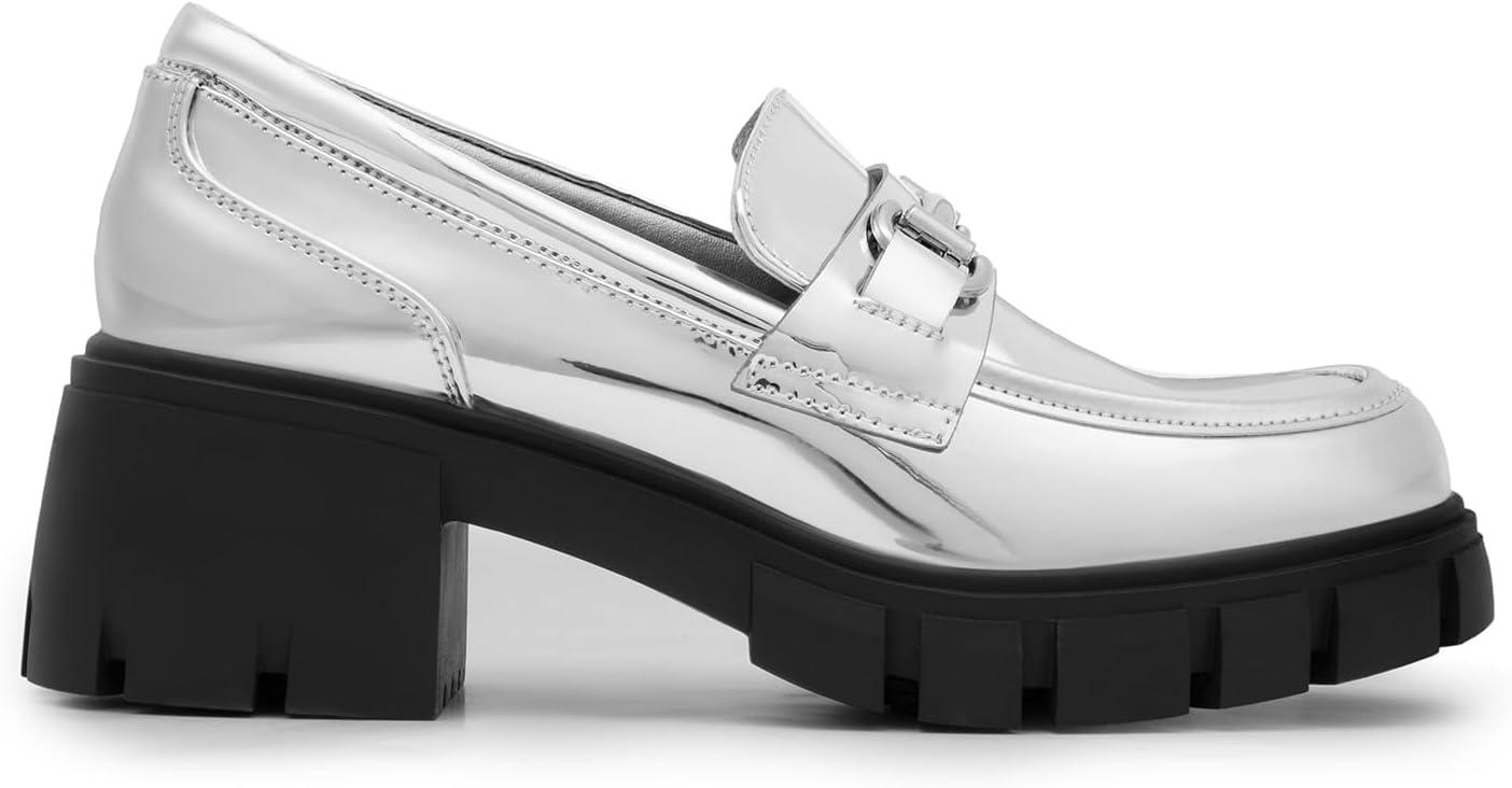imageDREAM PAIRS Loafers for Women Platform Chunky Loafers Slip On Casual ShoesSilverpat
