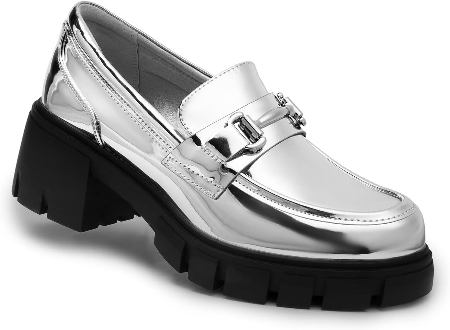 imageDREAM PAIRS Loafers for Women Platform Chunky Loafers Slip On Casual ShoesSilverpat