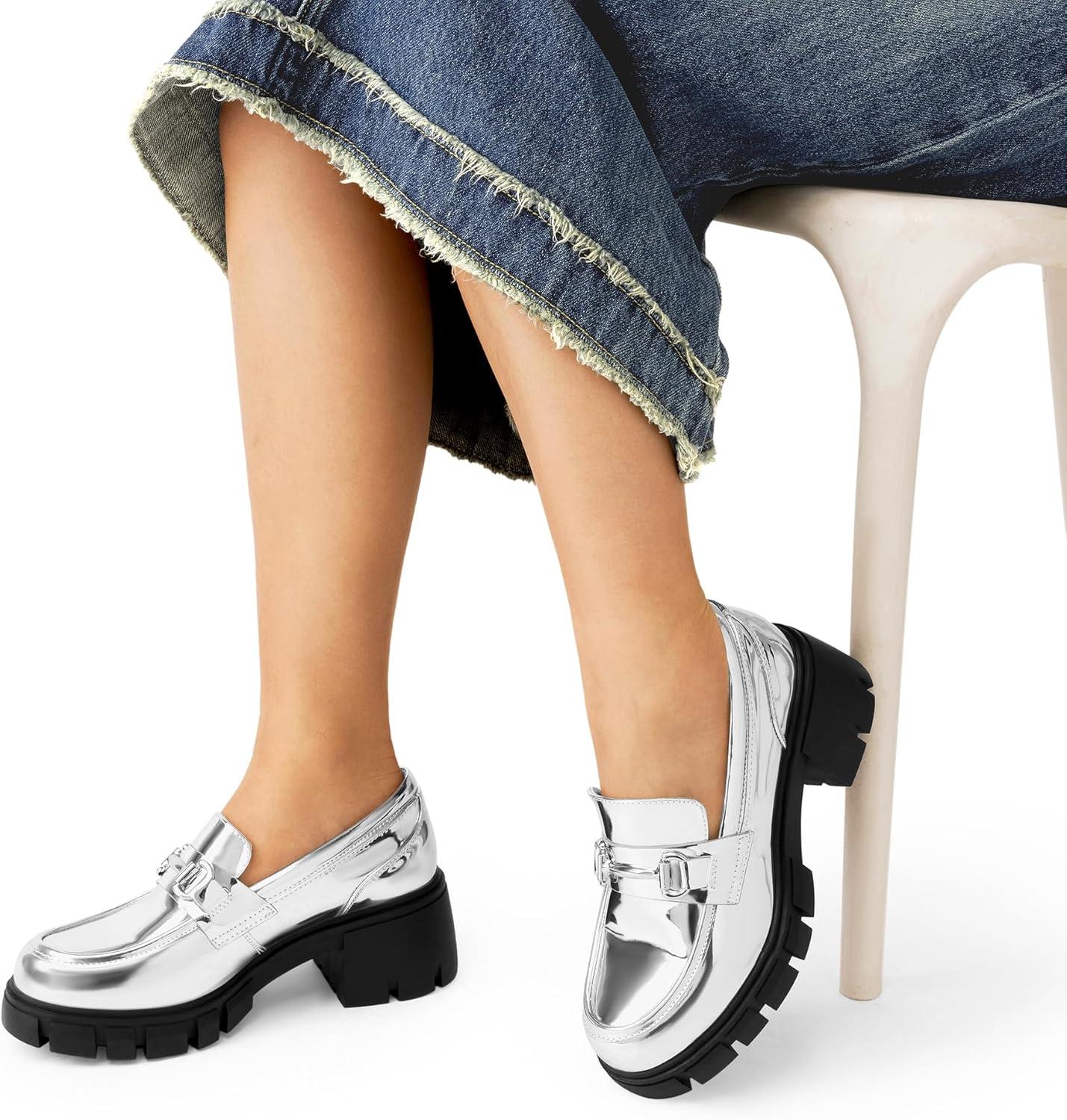 imageDREAM PAIRS Loafers for Women Platform Chunky Loafers Slip On Casual ShoesSilverpat