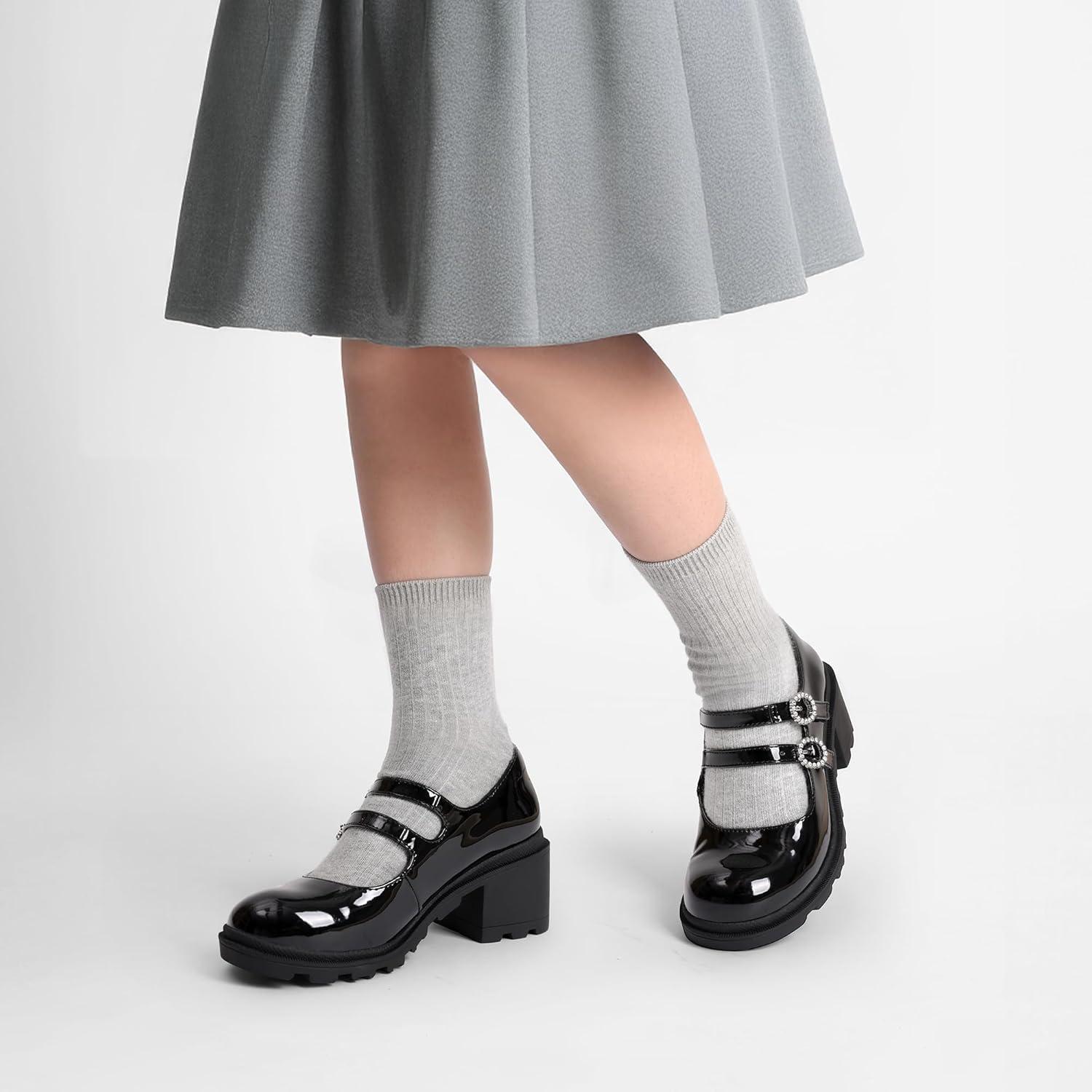 imageDREAM PAIRS Mary Jane Shoes for Girls Platform School Uniform Party Chunky Dress Heel Double Straps Flats for Little Big KidBlack