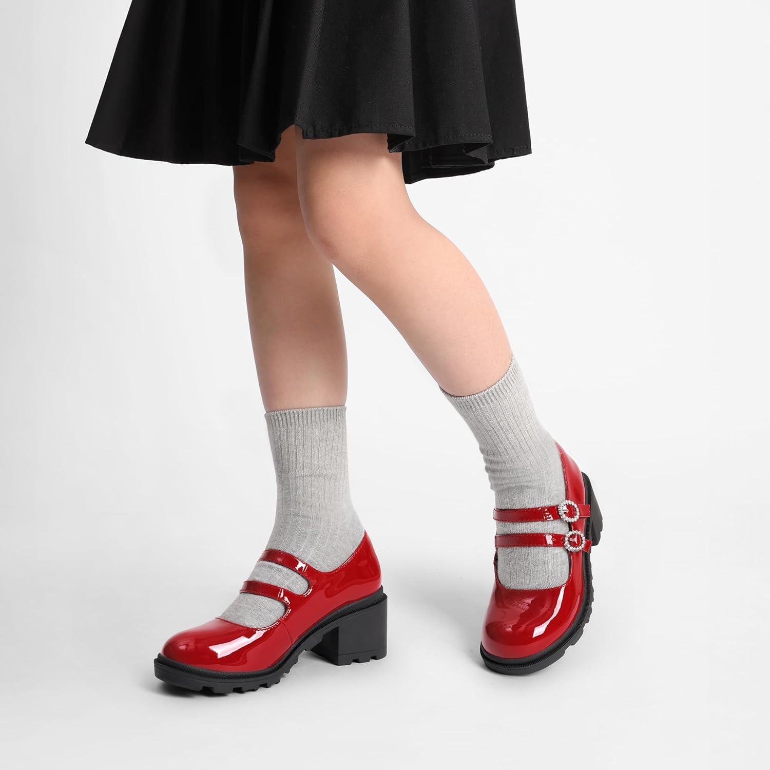 imageDREAM PAIRS Mary Jane Shoes for Girls Platform School Uniform Party Chunky Dress Heel Double Straps Flats for Little Big KidRed