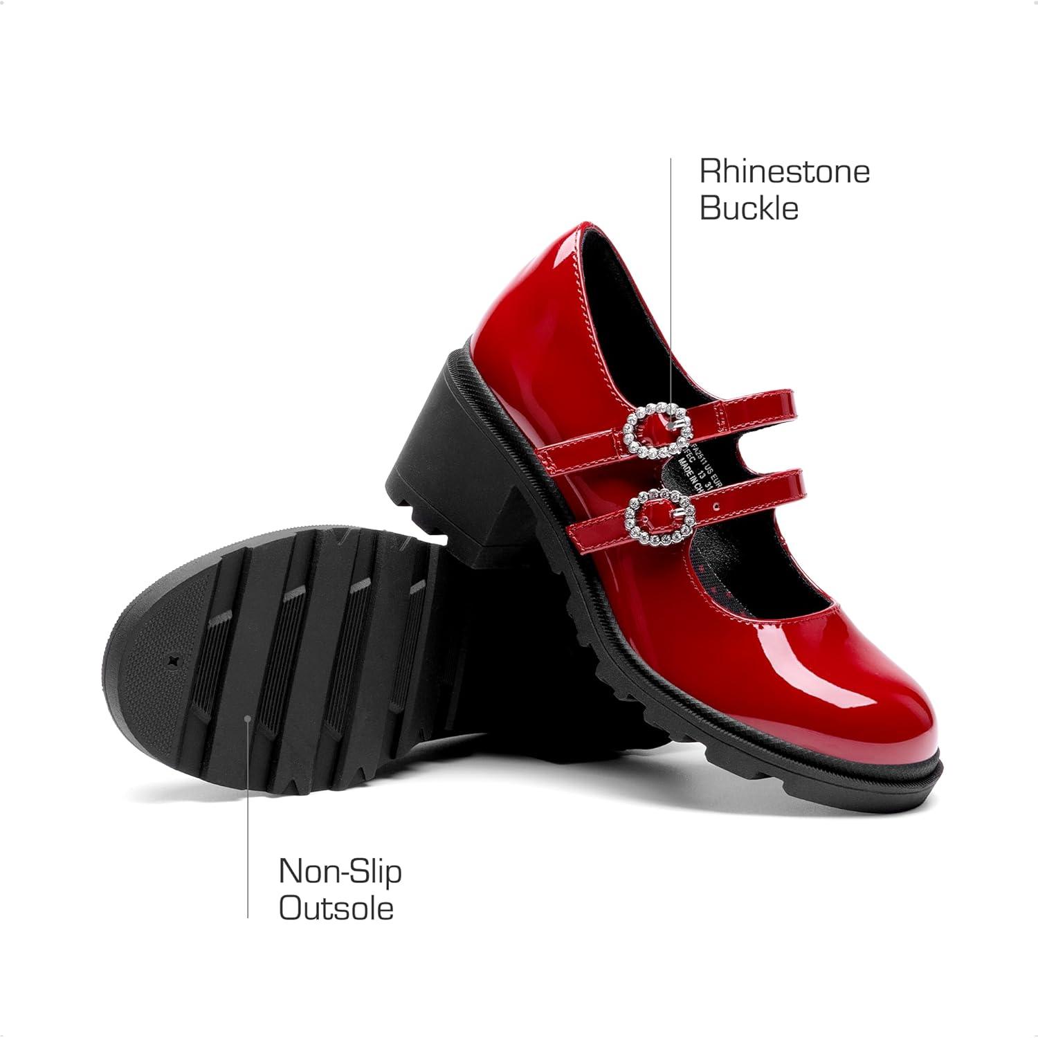 imageDREAM PAIRS Mary Jane Shoes for Girls Platform School Uniform Party Chunky Dress Heel Double Straps Flats for Little Big KidRed