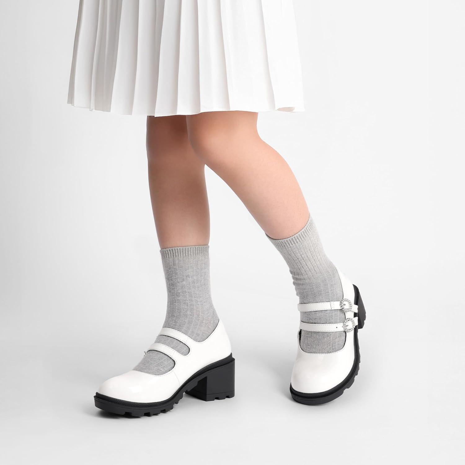 imageDREAM PAIRS Mary Jane Shoes for Girls Platform School Uniform Party Chunky Dress Heel Double Straps Flats for Little Big KidWhite