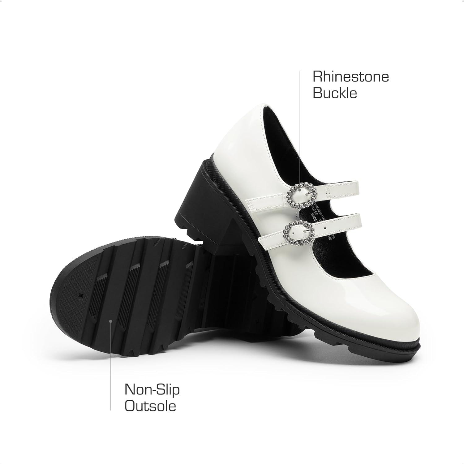 imageDREAM PAIRS Mary Jane Shoes for Girls Platform School Uniform Party Chunky Dress Heel Double Straps Flats for Little Big KidWhite