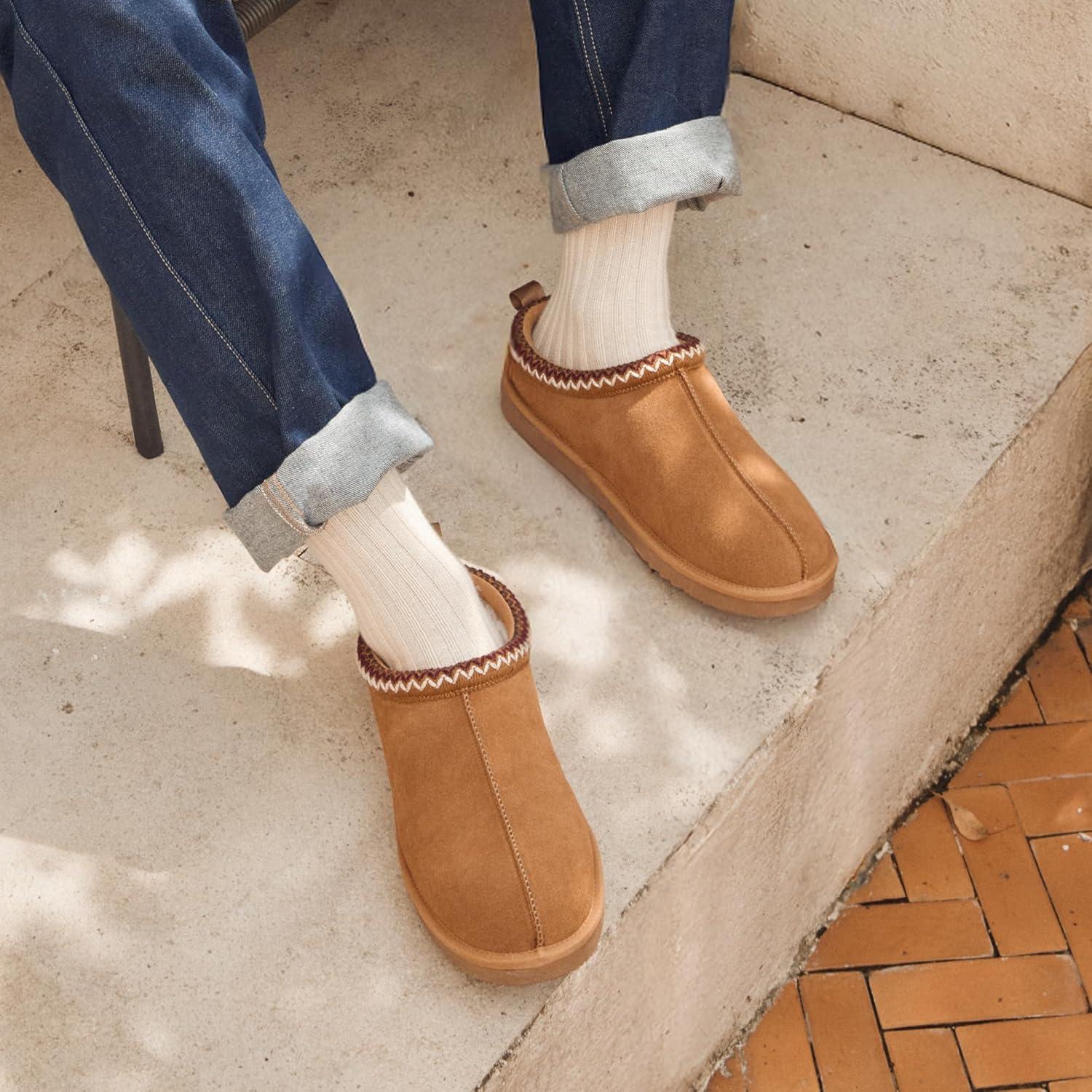 imageDREAM PAIRS Mens Fuzzy Cozy Slippers Genuine Suede Indoor Outdoor Home Comfy Winter Slip On Cute Warm Memory Foam Furry Shoes FuzzyEasyChestnut