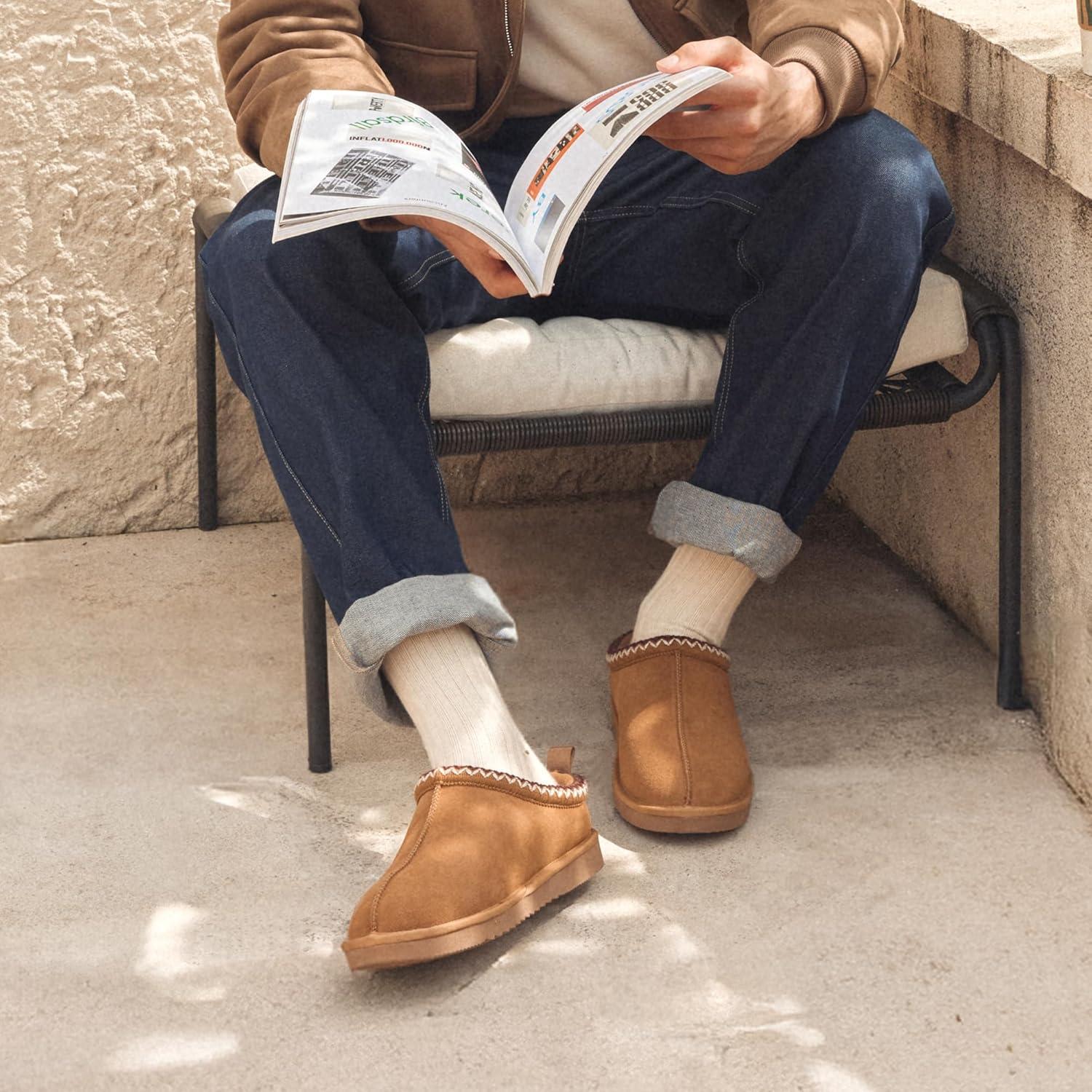 imageDREAM PAIRS Mens Fuzzy Cozy Slippers Genuine Suede Indoor Outdoor Home Comfy Winter Slip On Cute Warm Memory Foam Furry Shoes FuzzyEasyChestnut