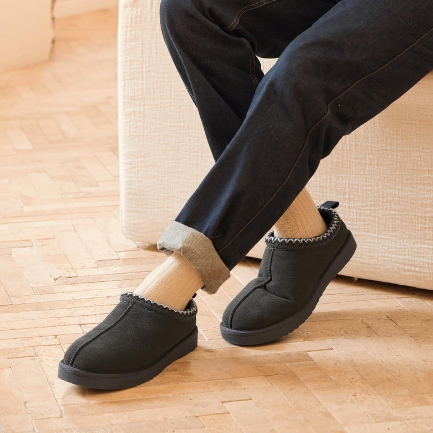 imageDREAM PAIRS Mens Fuzzy Cozy Slippers Genuine Suede Indoor Outdoor Home Comfy Winter Slip On Cute Warm Memory Foam Furry Shoes FuzzyEasyGrey