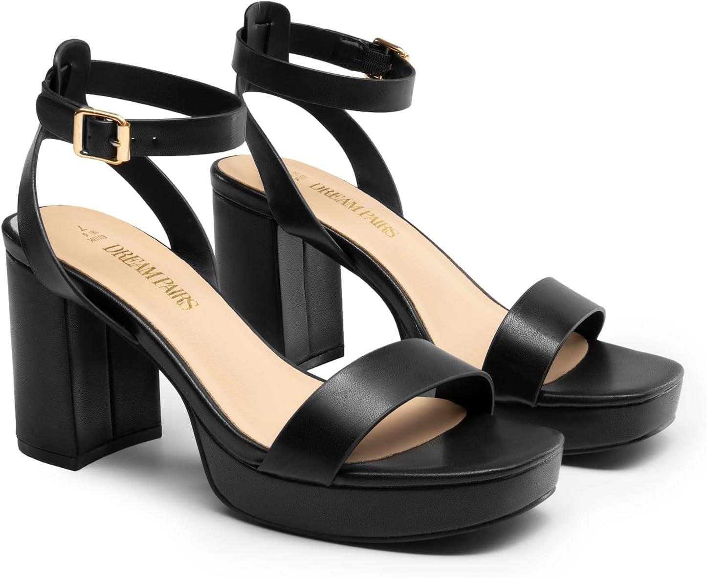 imageDREAM PAIRS Platform Heels for Women High Block Chunky Open Toe Ankle Strap Heels Fashion Wedding Party Evening Prom Dance Dress Pump Sandals ShoesBlackpu